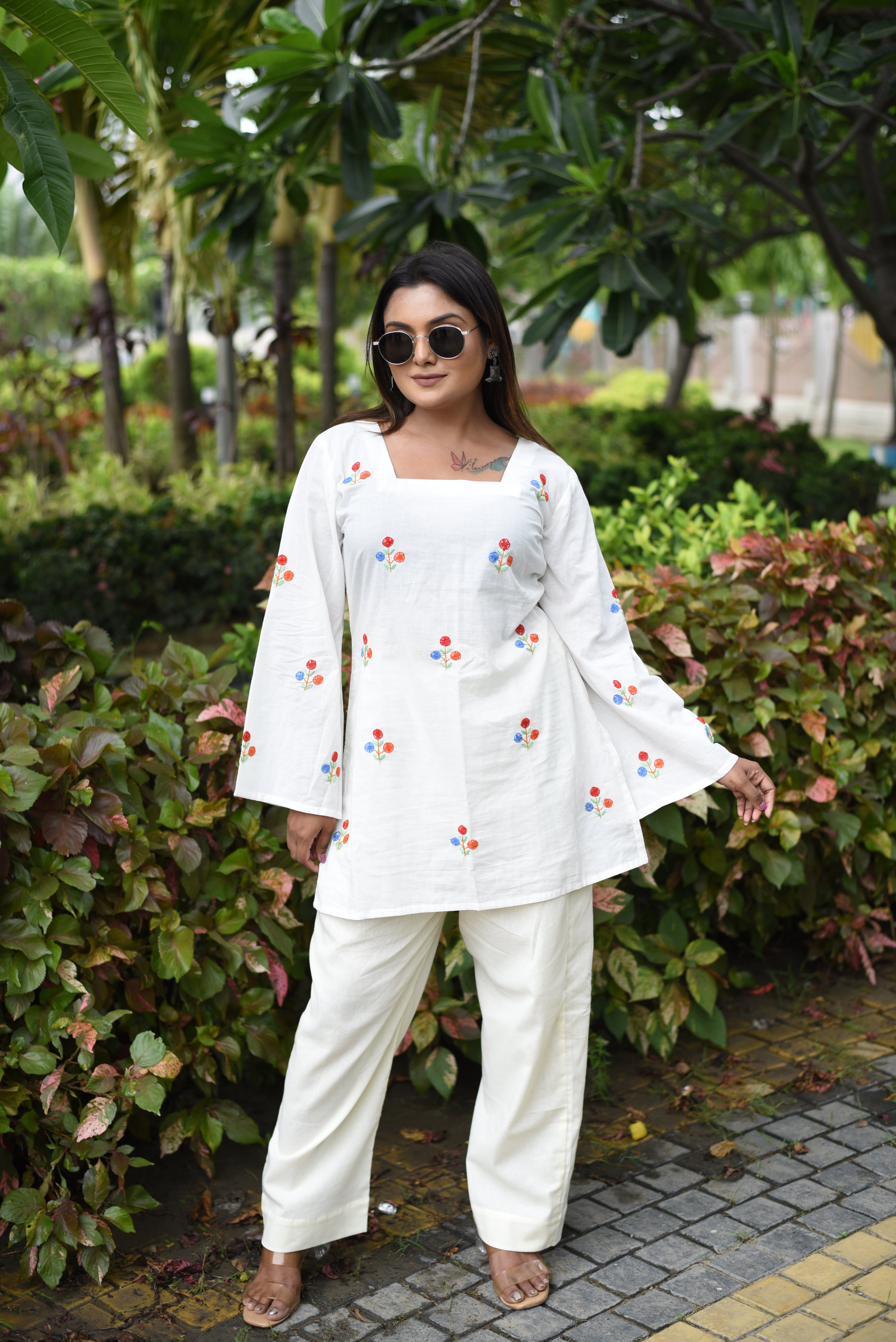 Hand Embroidered Cotton Off White Co-Ord Sets