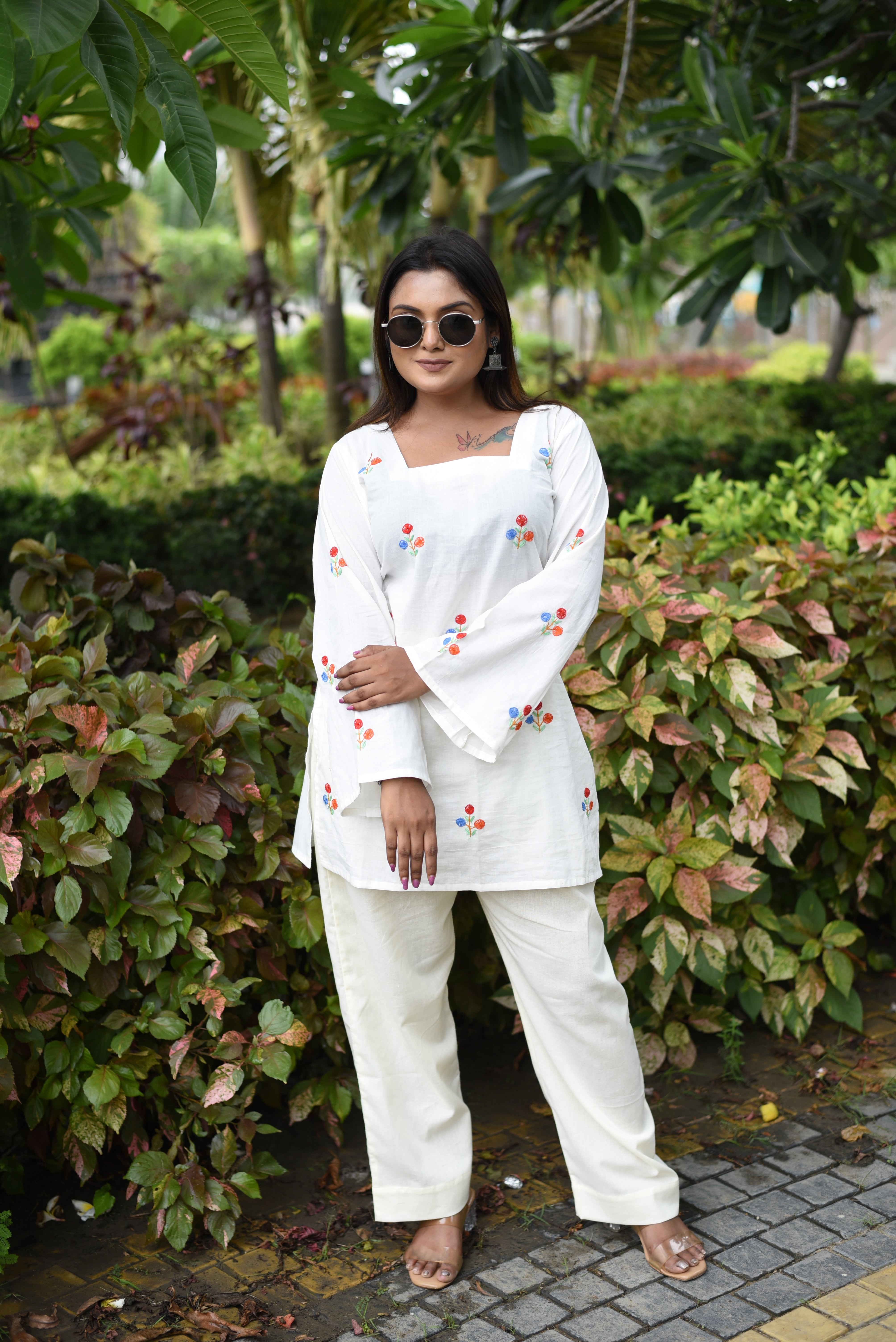 Hand Embroidered Cotton Off White Co-Ord Sets