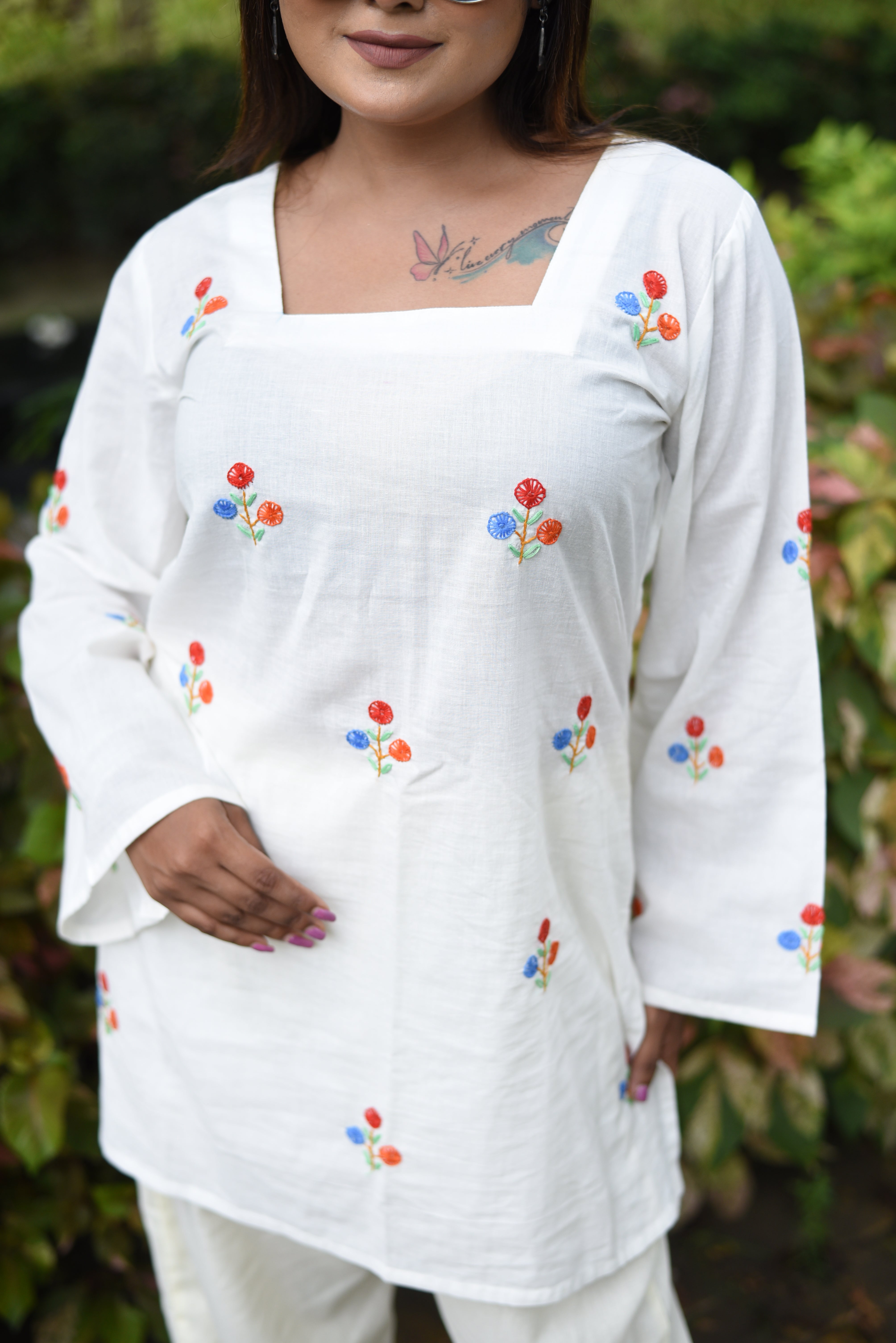 Hand Embroidered Cotton Off White Co-Ord Sets