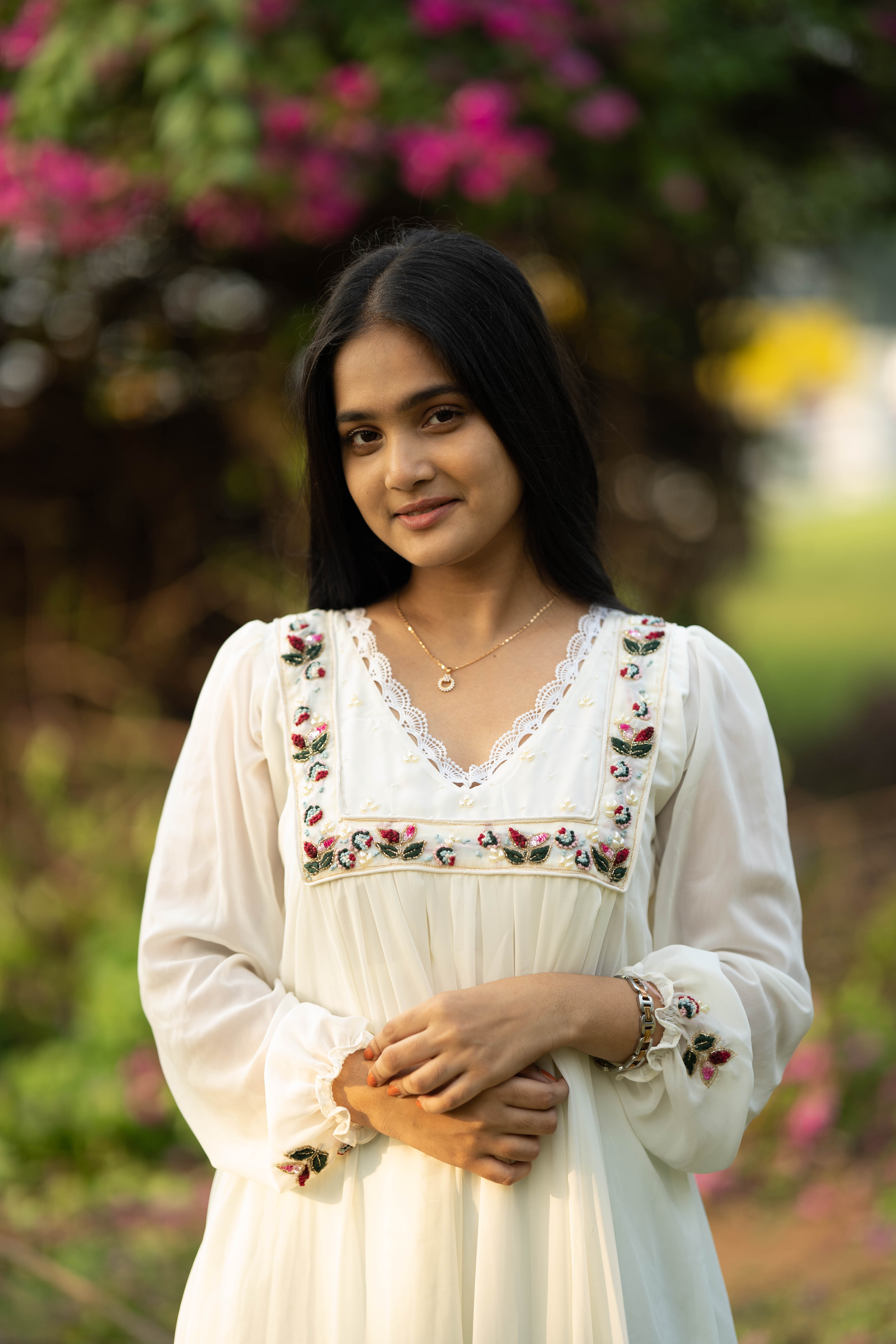 Hand Embroidered Off White A-Line Dress