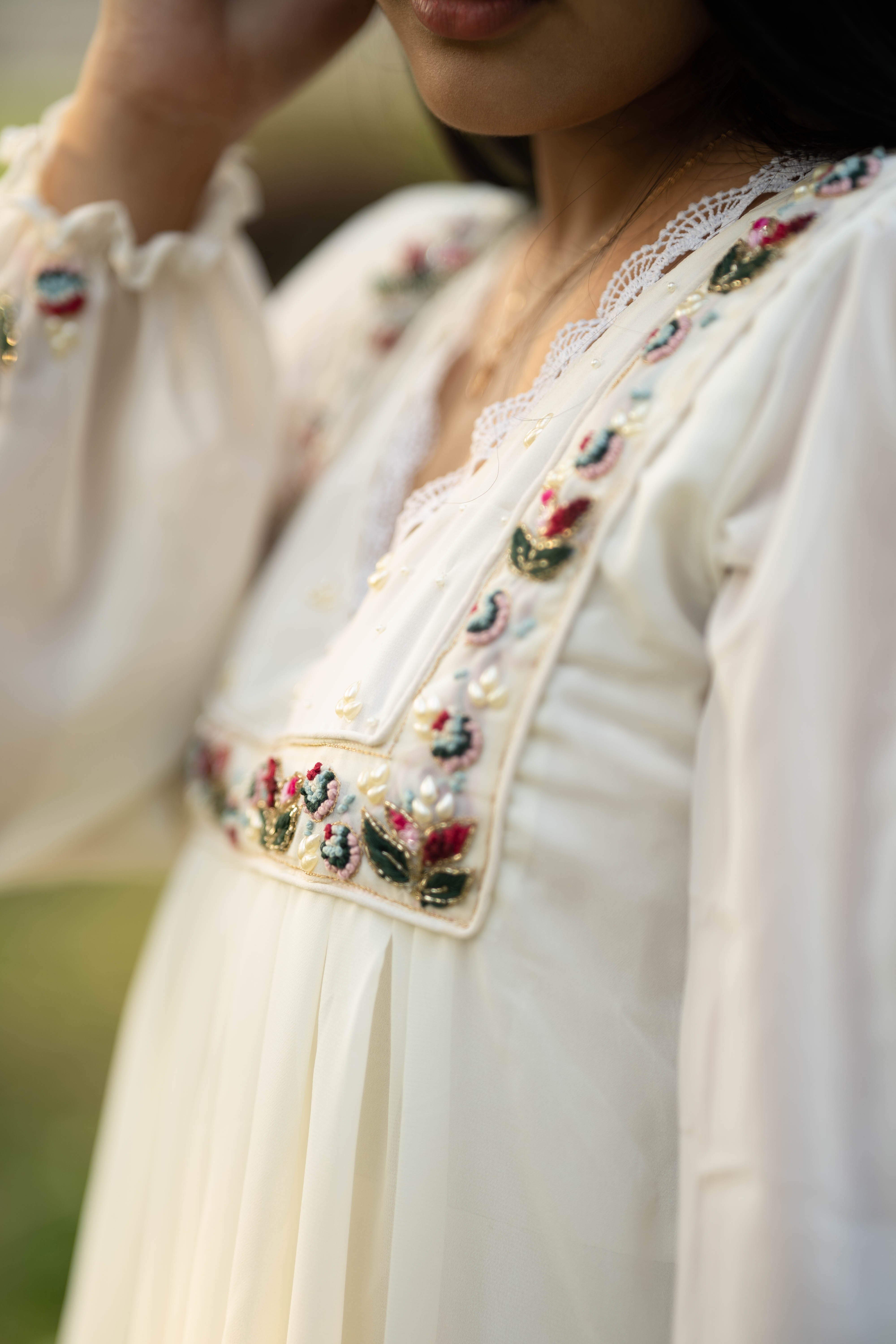 Hand Embroidered Off White A-Line Dress