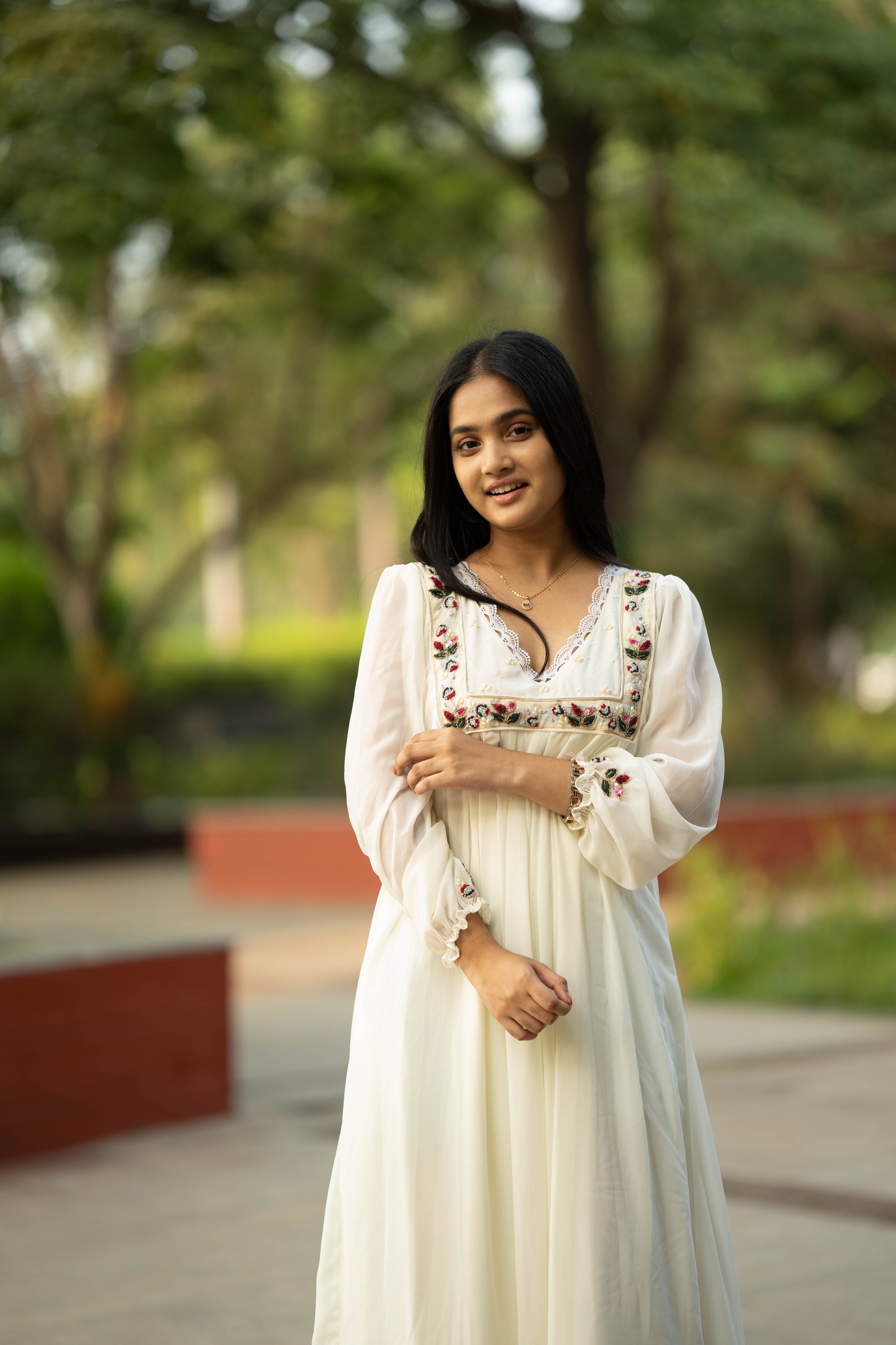 Hand Embroidered Off White A-Line Dress