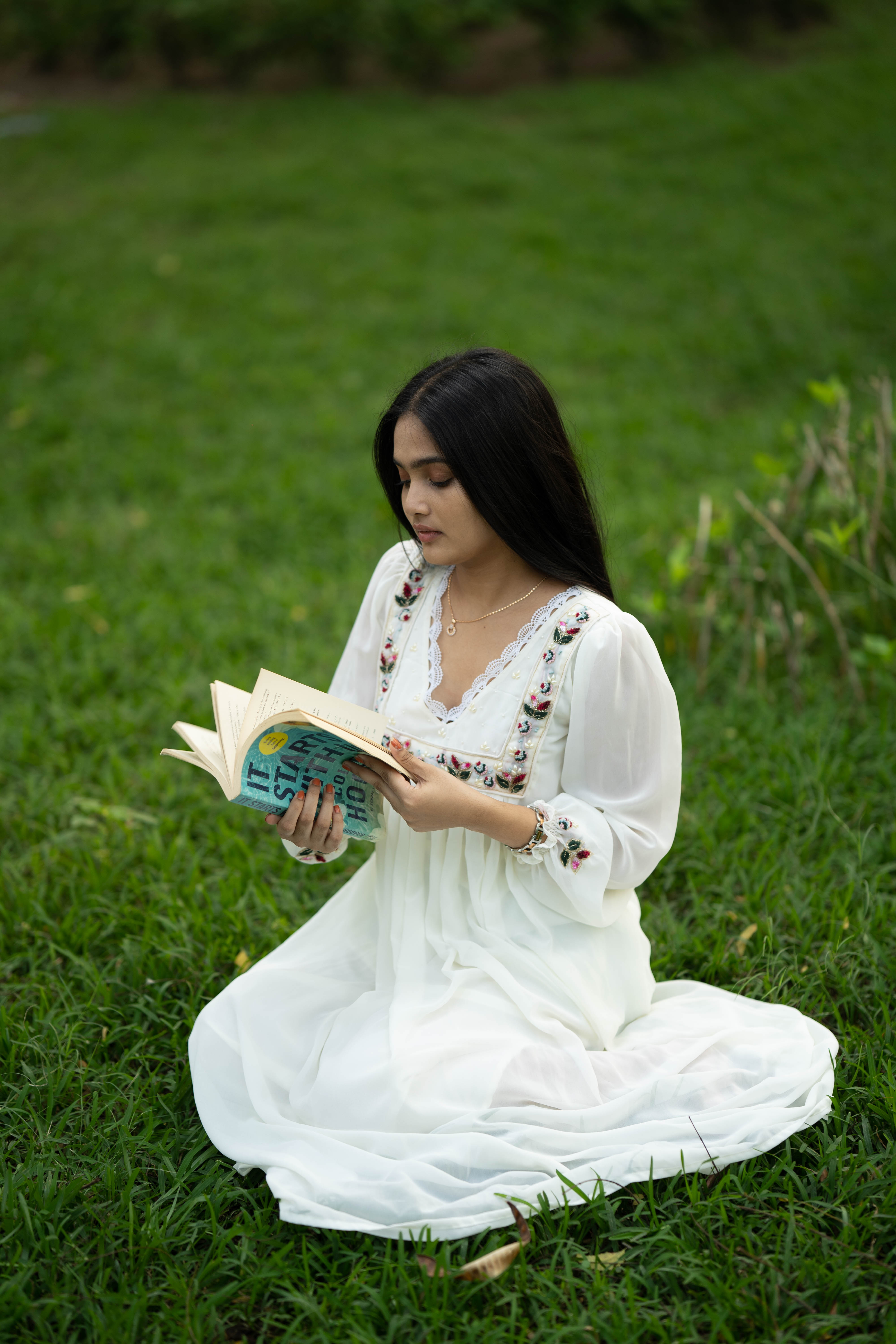 Hand Embroidered Off White A-Line Dress