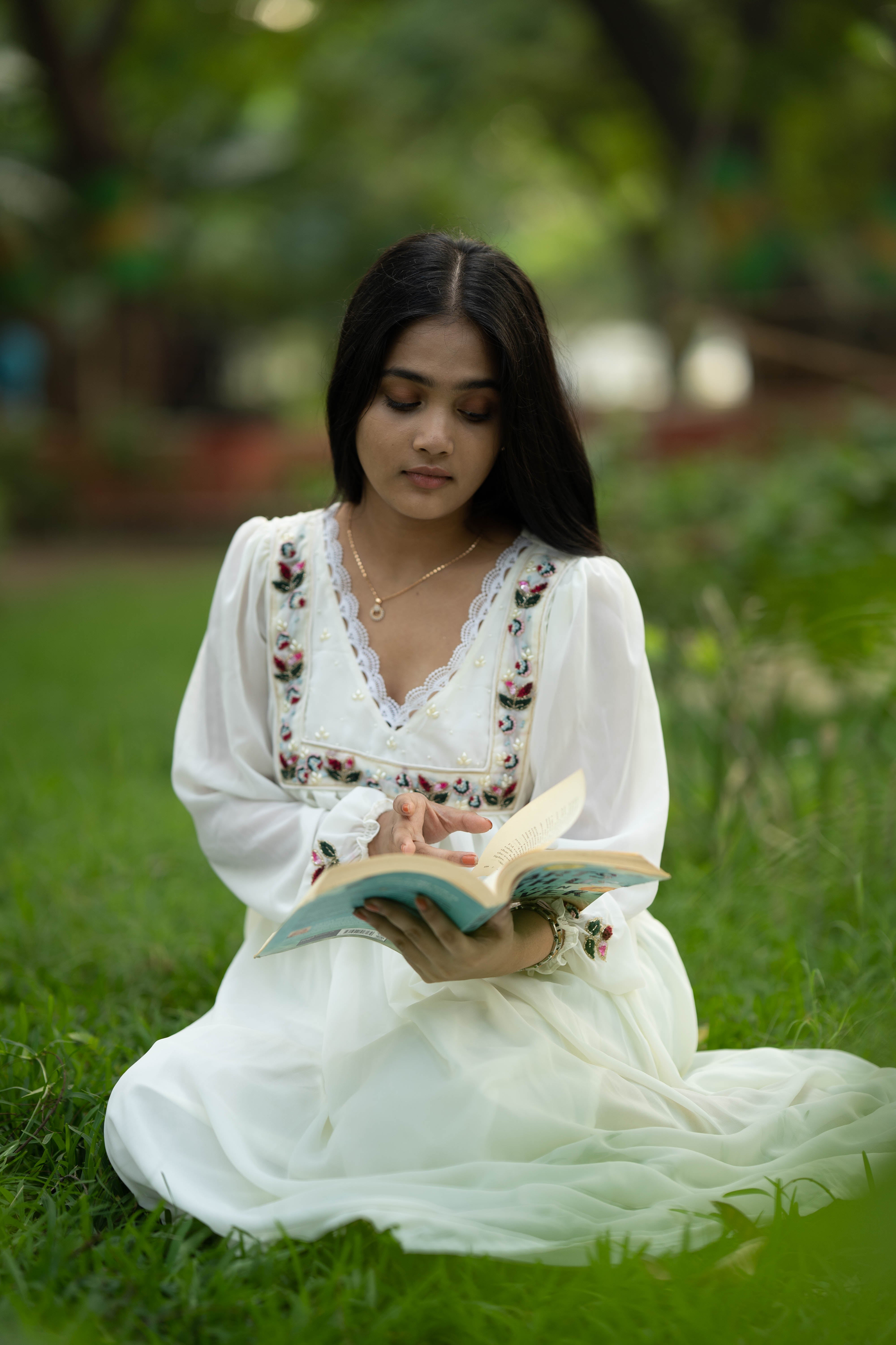 Hand Embroidered Off White A-Line Dress
