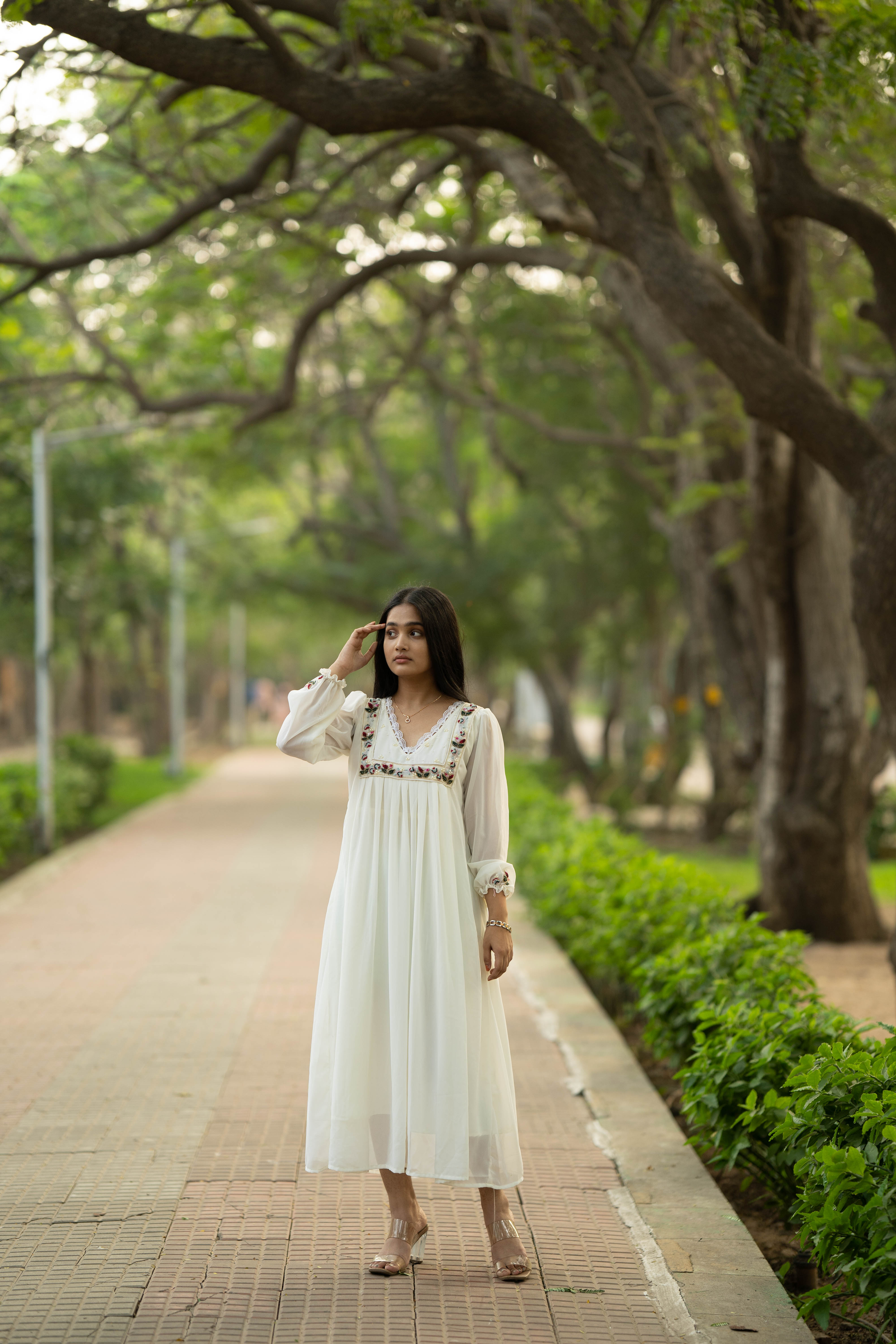 Hand Embroidered Off White A-Line Dress
