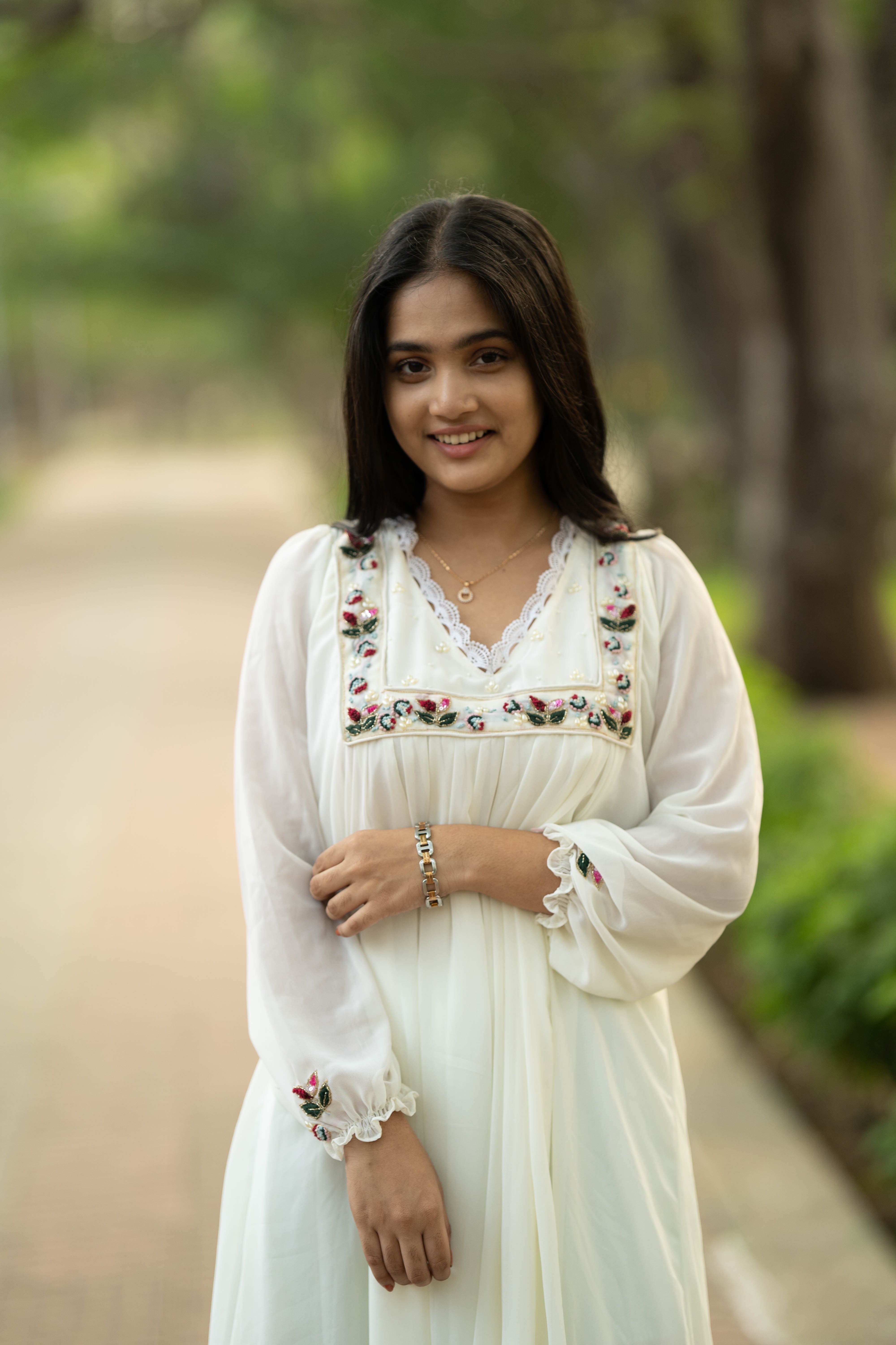 Hand Embroidered Off White A-Line Dress