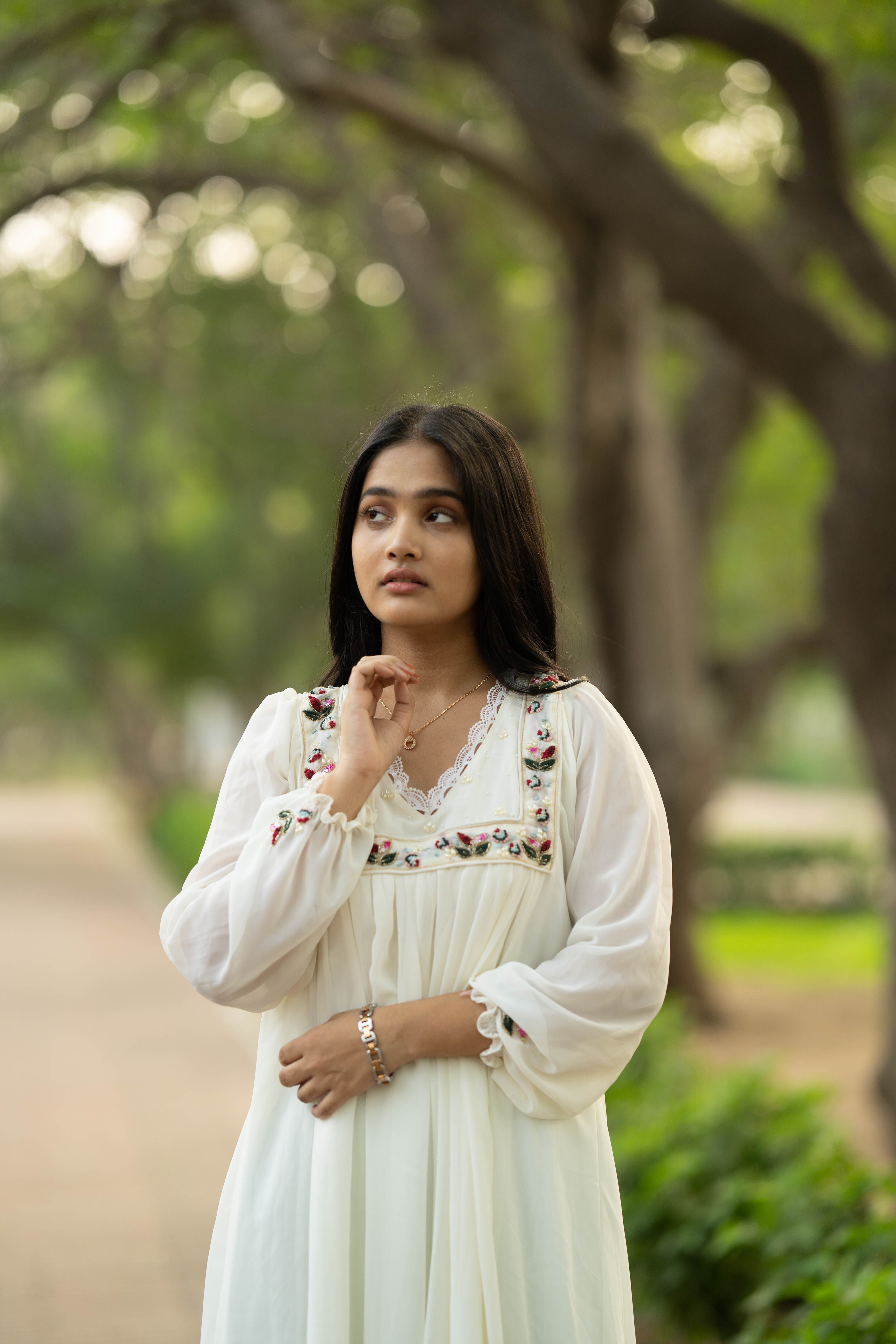 Hand Embroidered Off White A-Line Dress