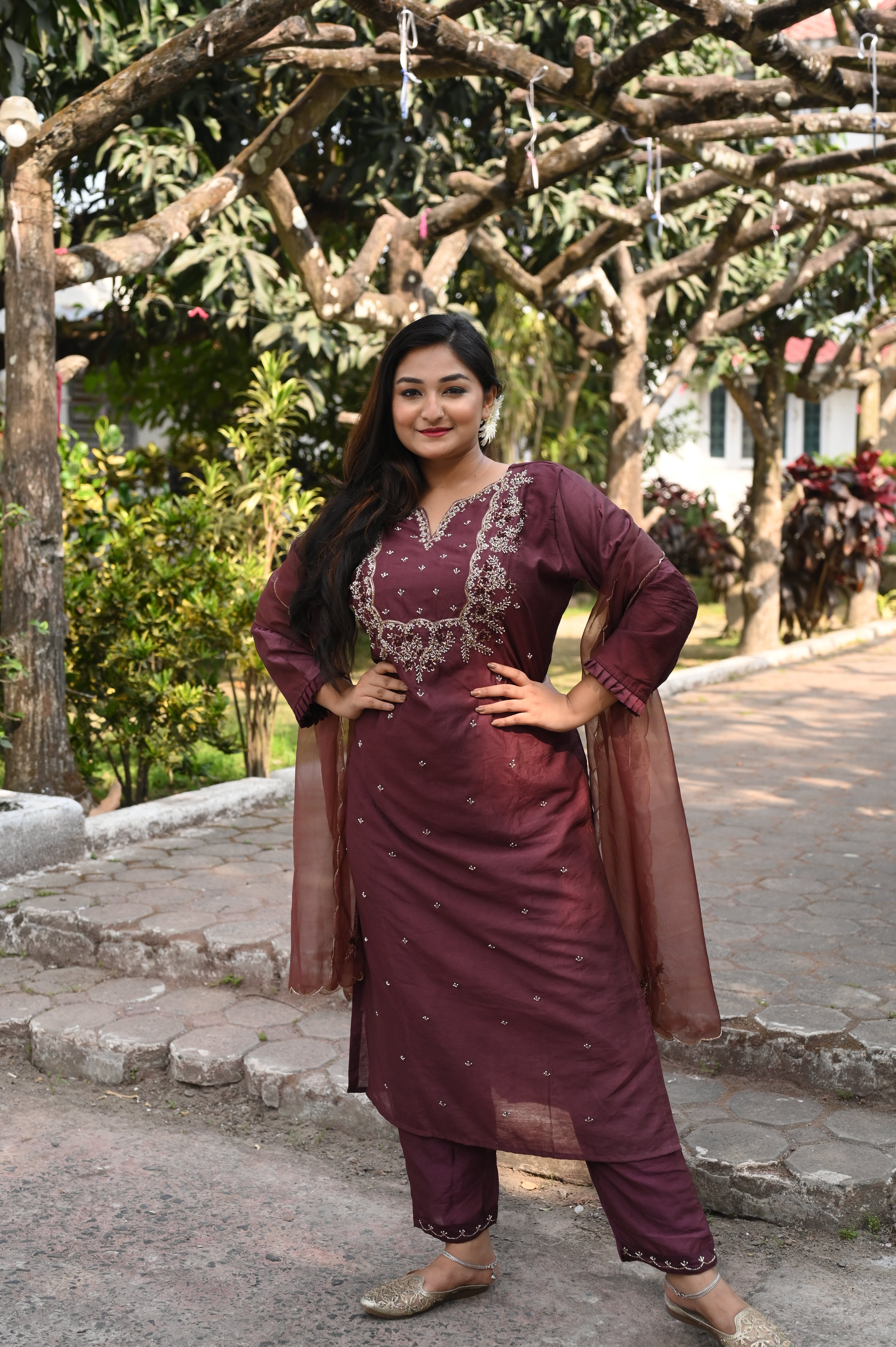 Chocolate brown dola silk suit set with exquisite handwork