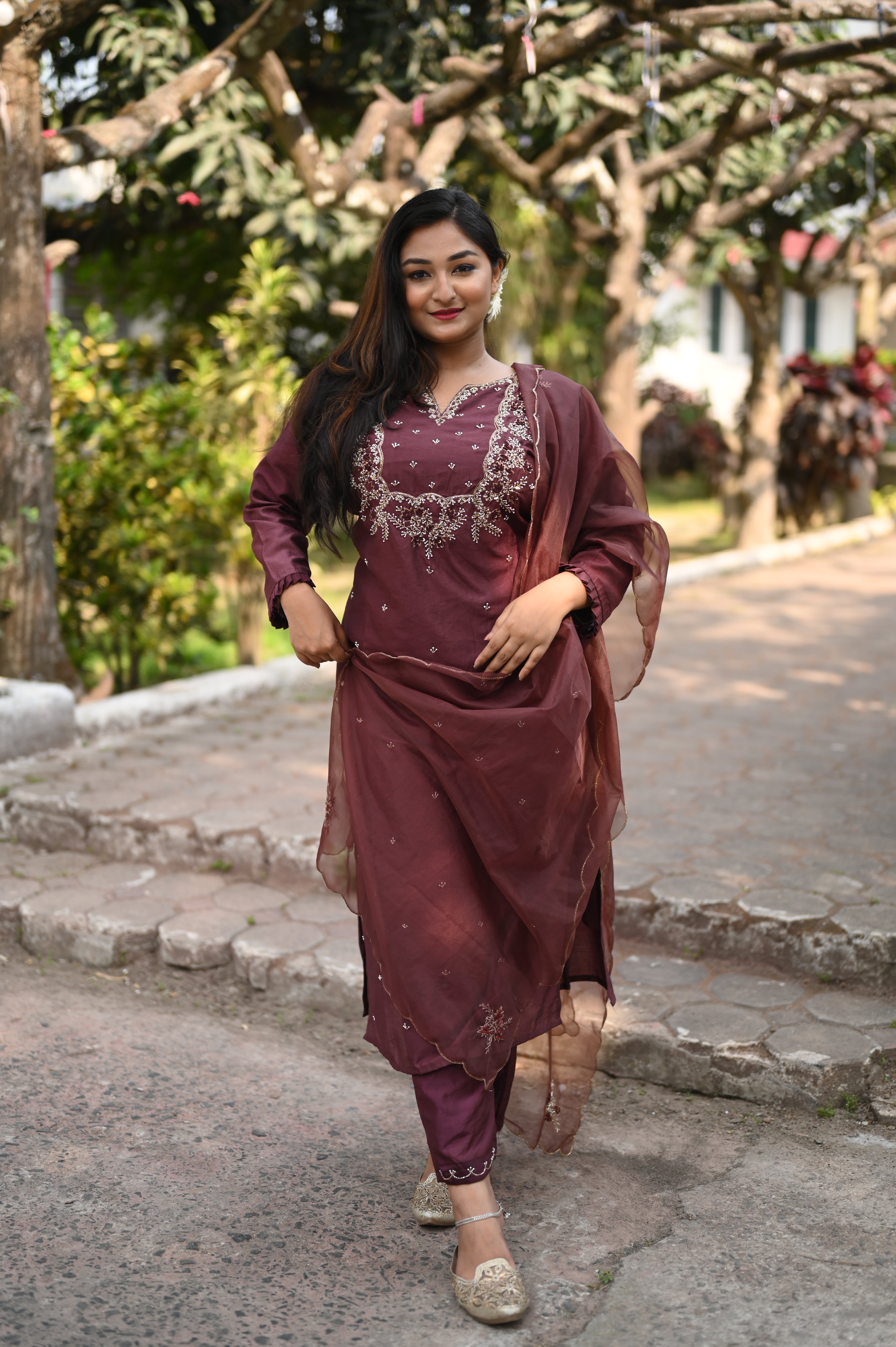 Chocolate Brown Color Dola Silk Handwork Suit Set