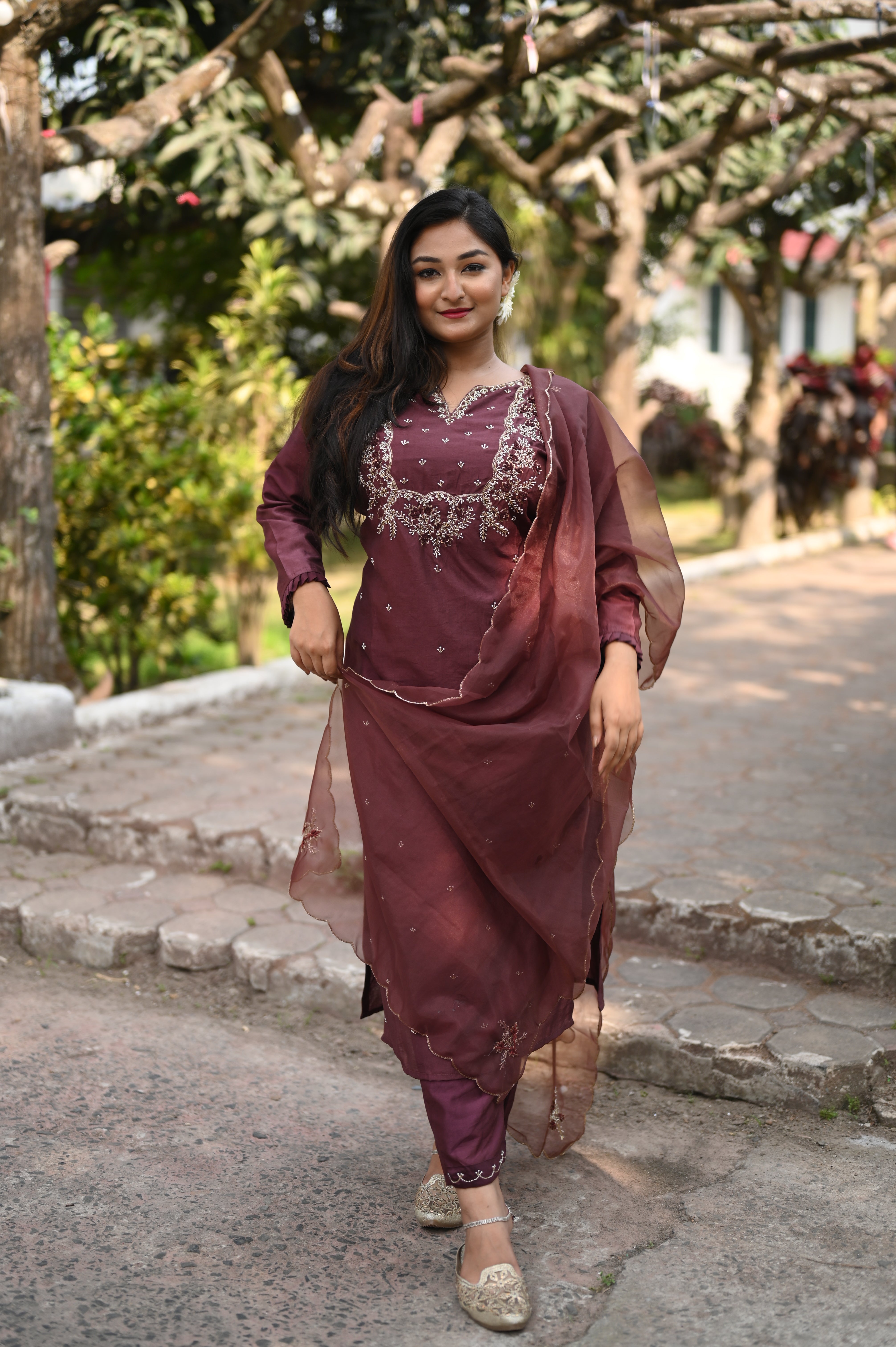 Chocolate Brown Color Dola Silk Handwork Suit Set