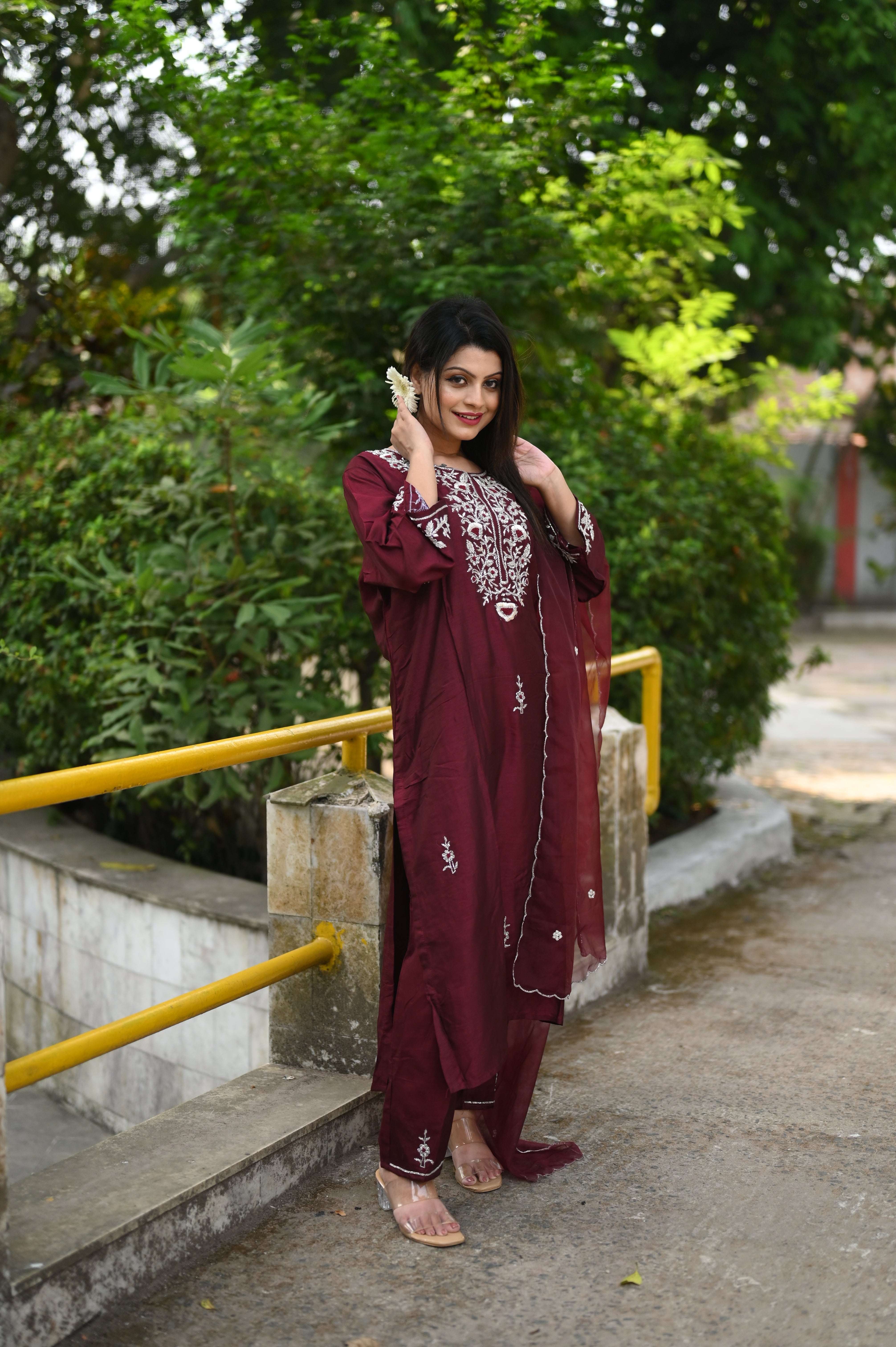 Maroon Dola Silk Handwork Suit Set