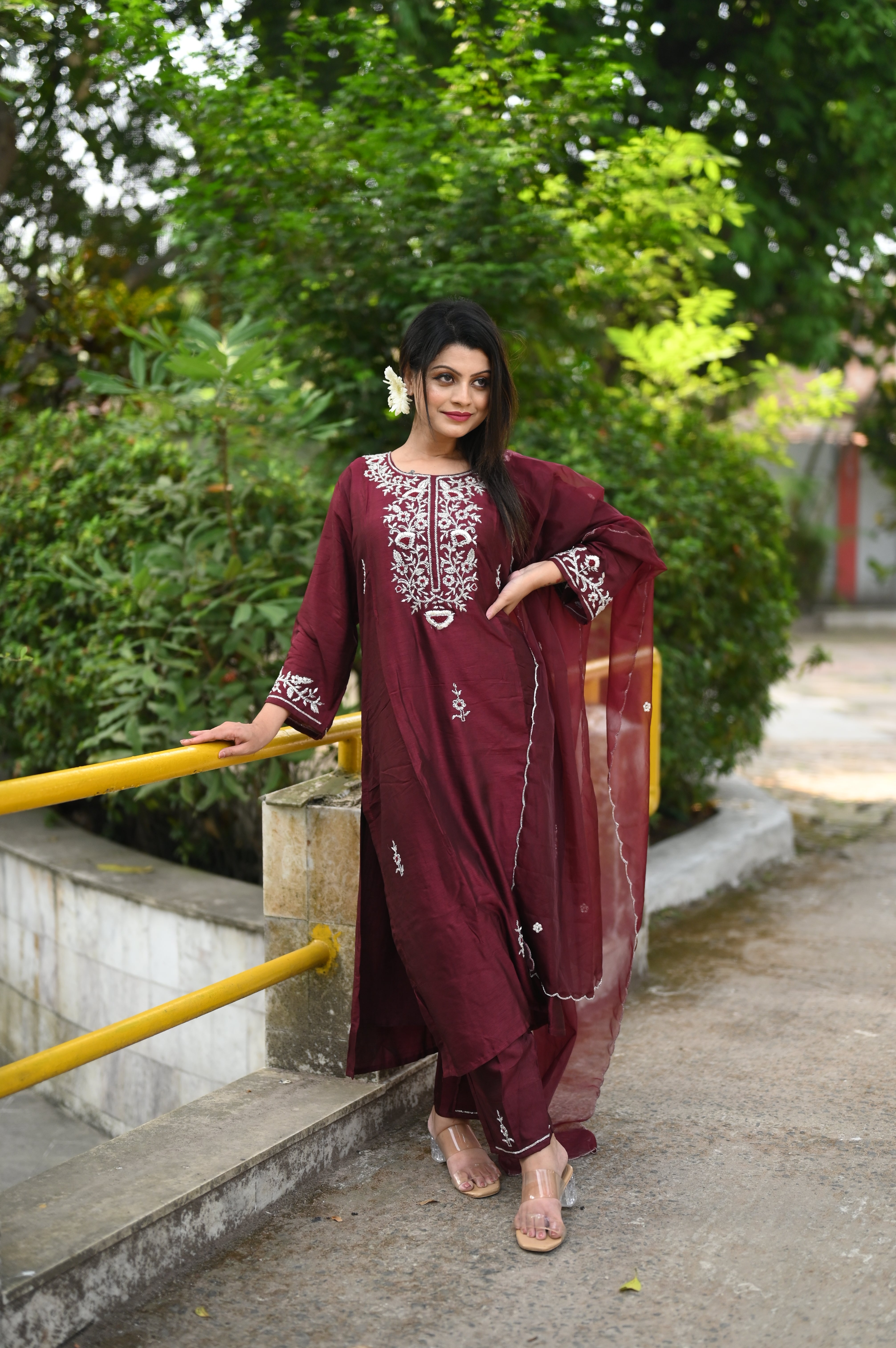 Maroon Dola Silk Handwork Suit Set