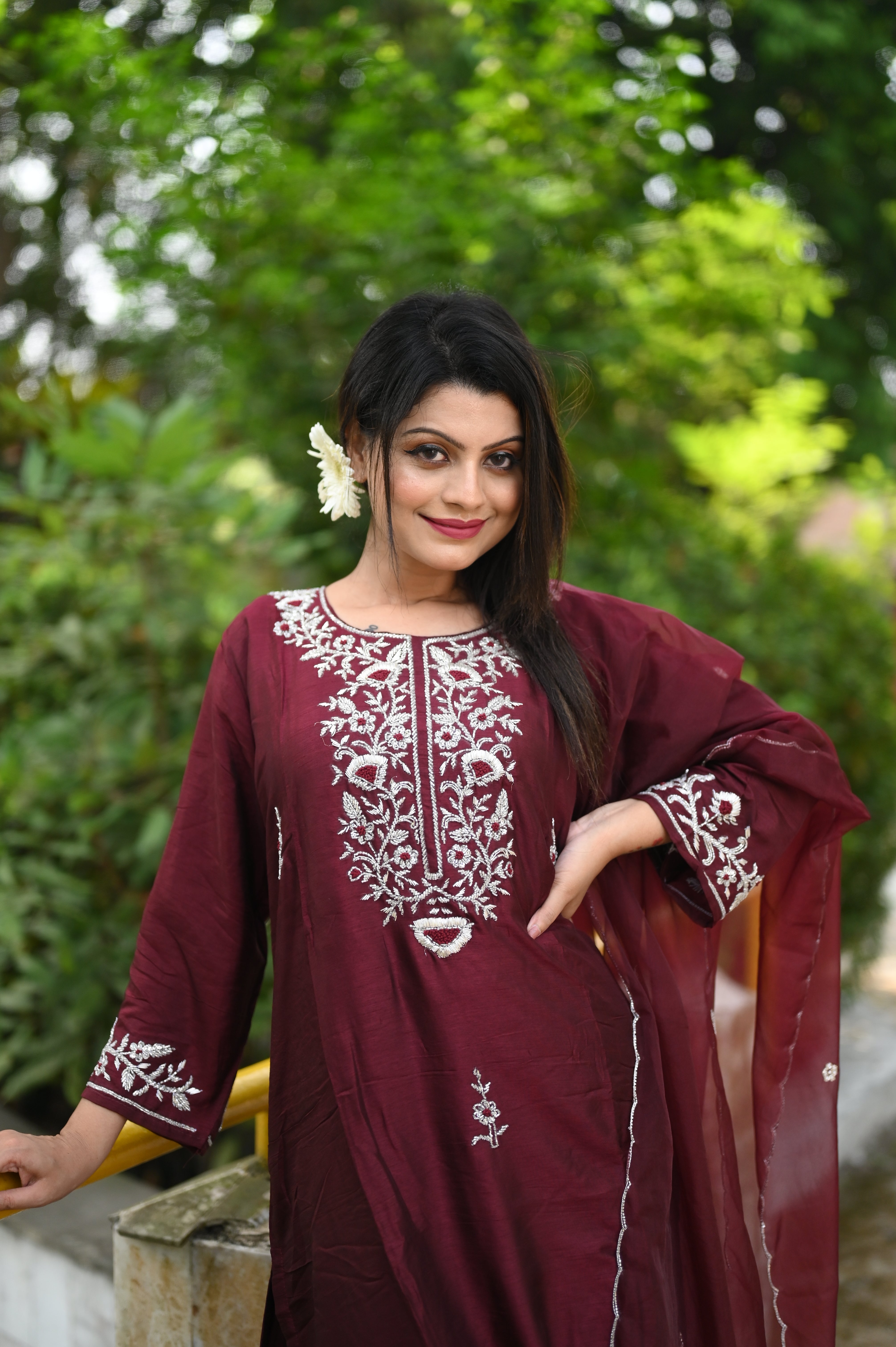 Maroon Dola Silk Handwork Suit Set