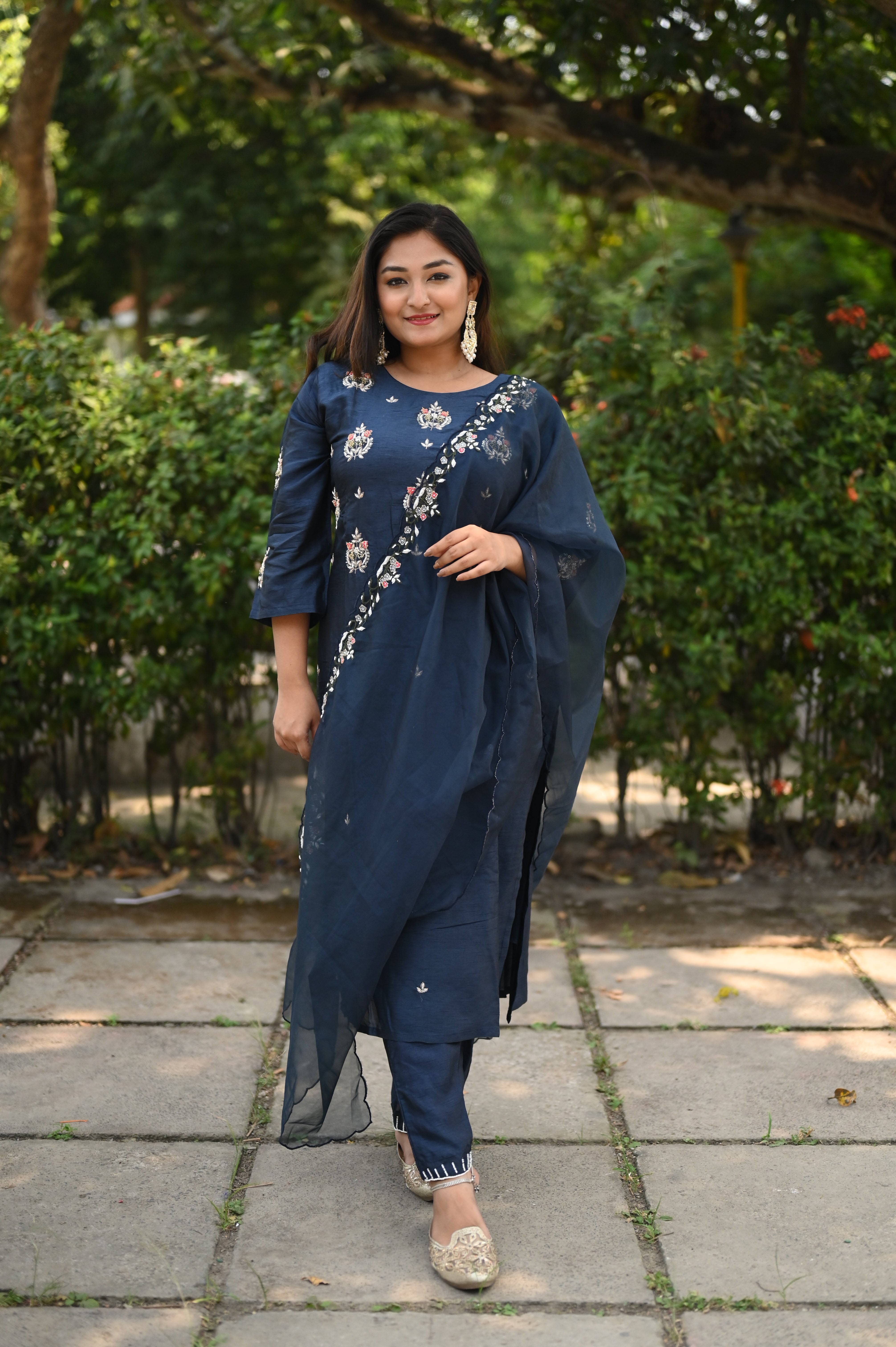 Midnight blue dola silk suit set with intricate handwork