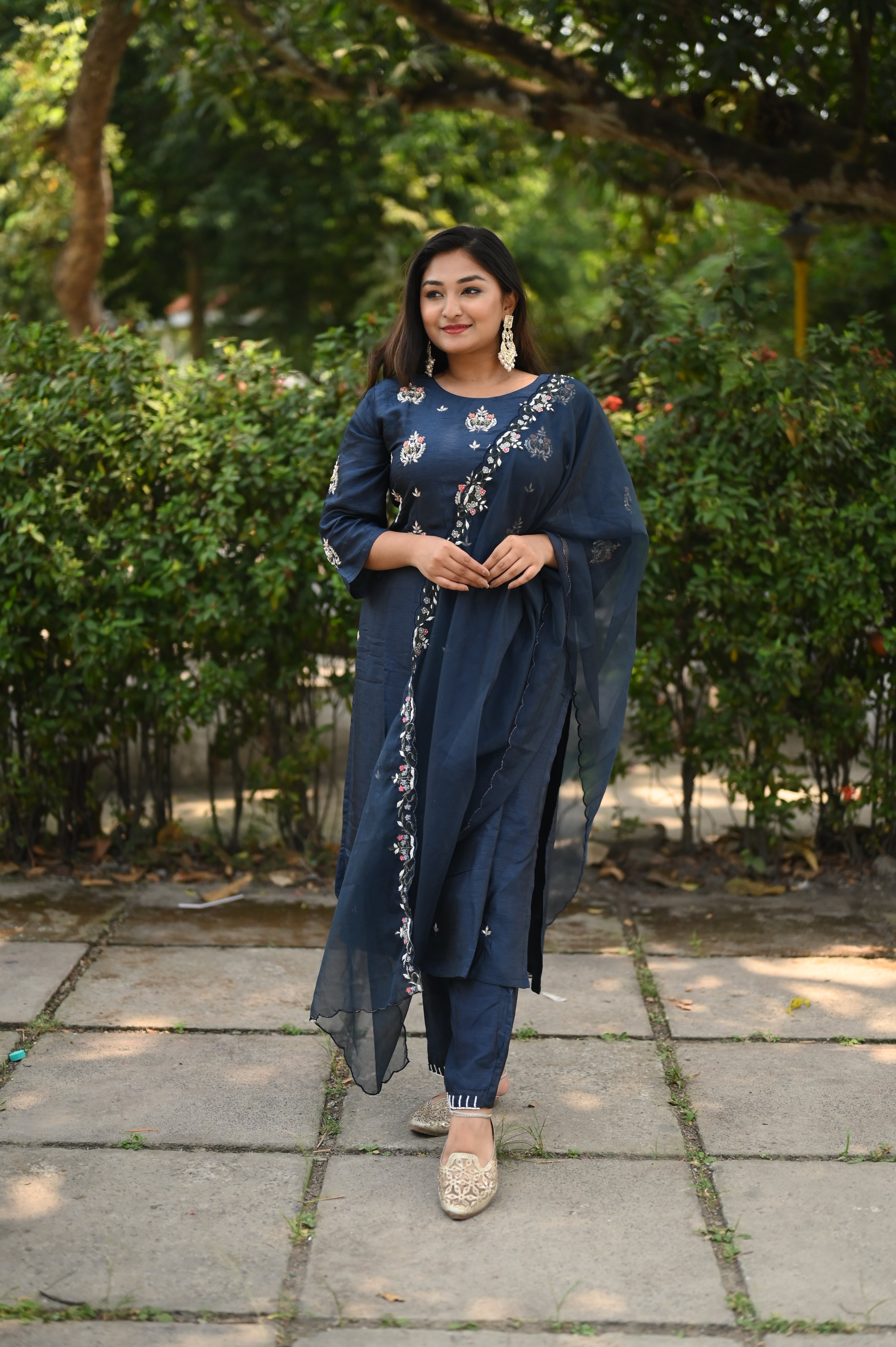 Mid Night Blue Color Handwork Dola Silk Suit Set