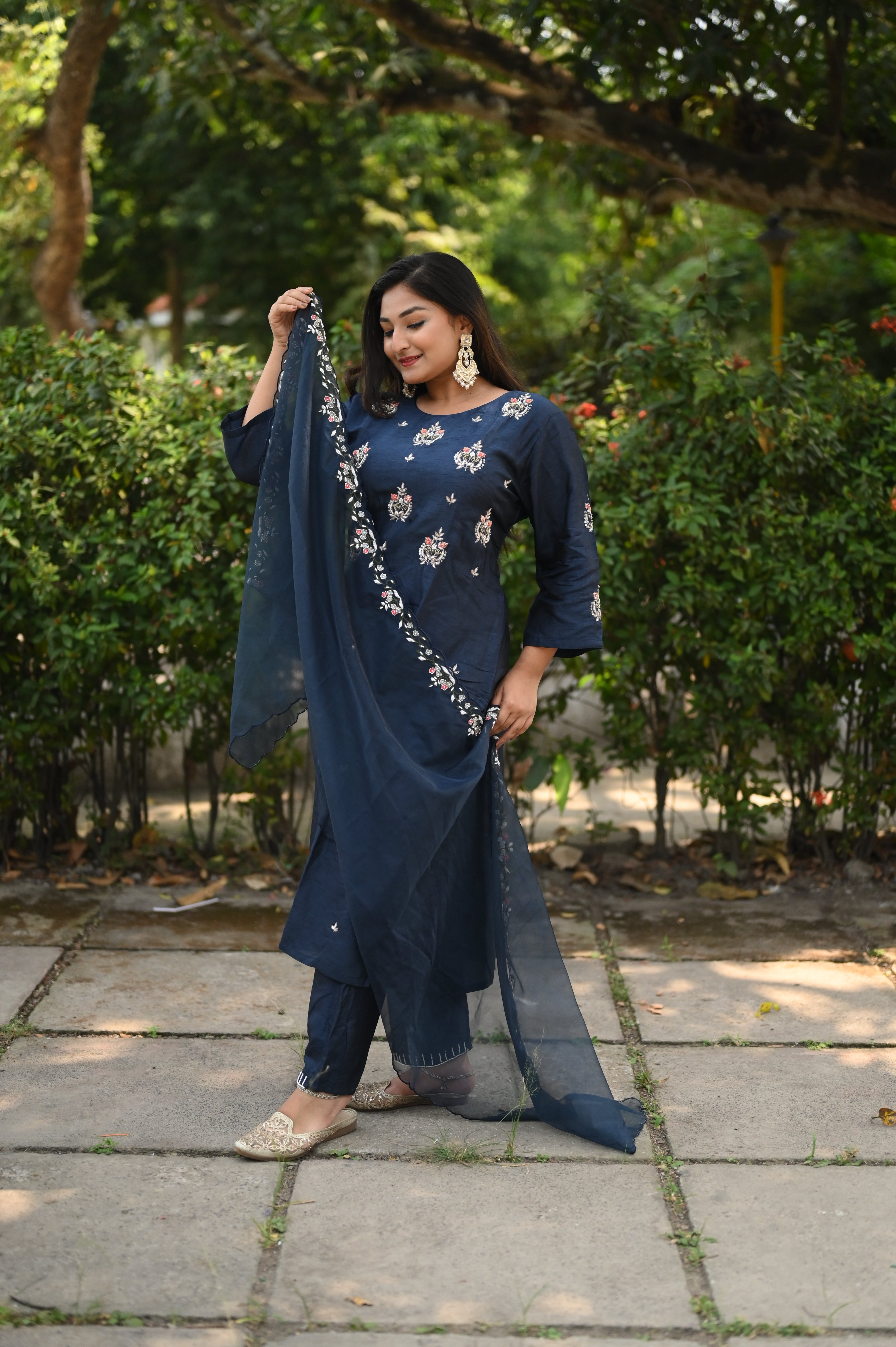 Mid Night Blue Color Handwork Dola Silk Suit Set