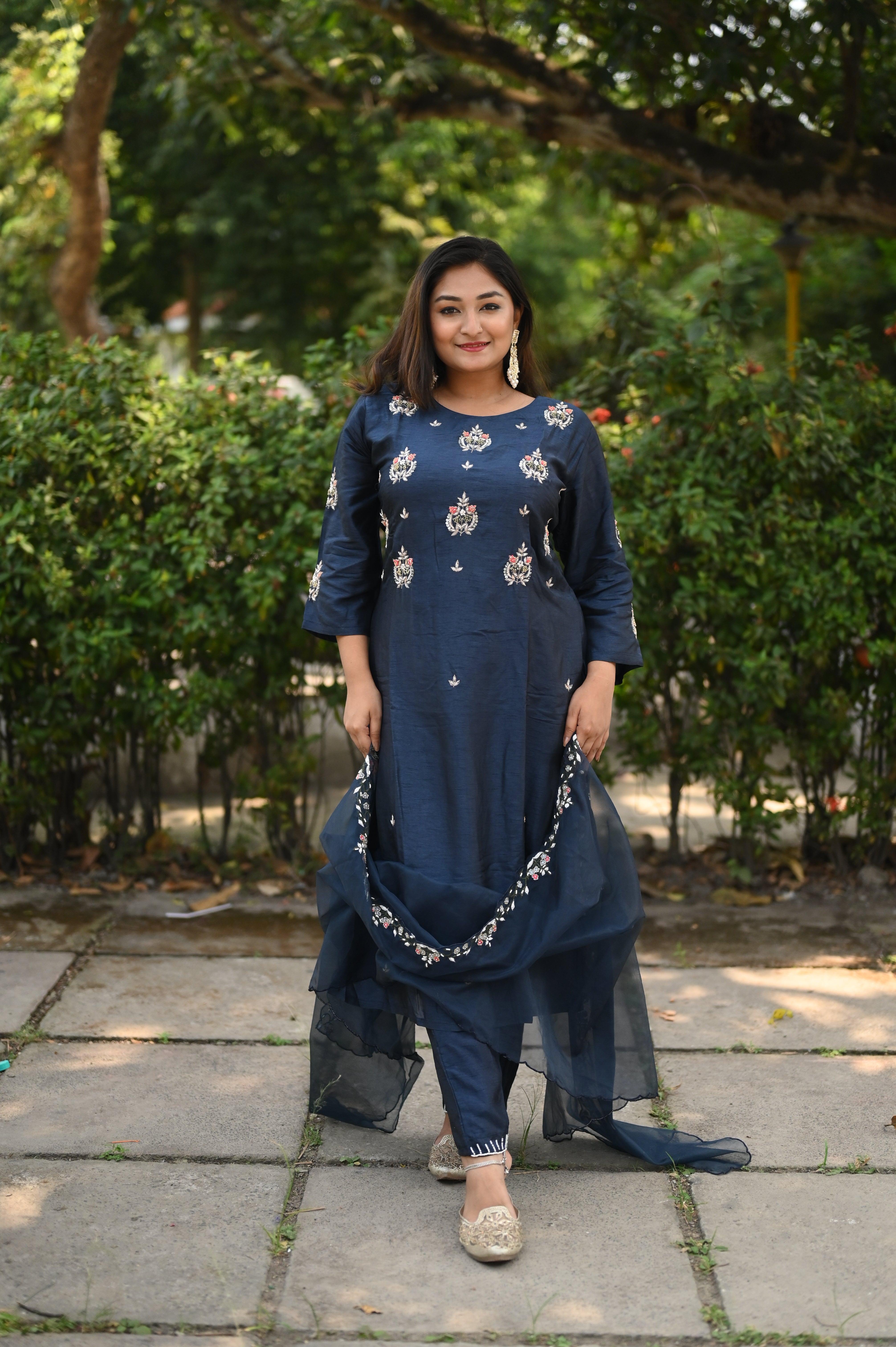 Mid Night Blue Color Handwork Dola Silk Suit Set