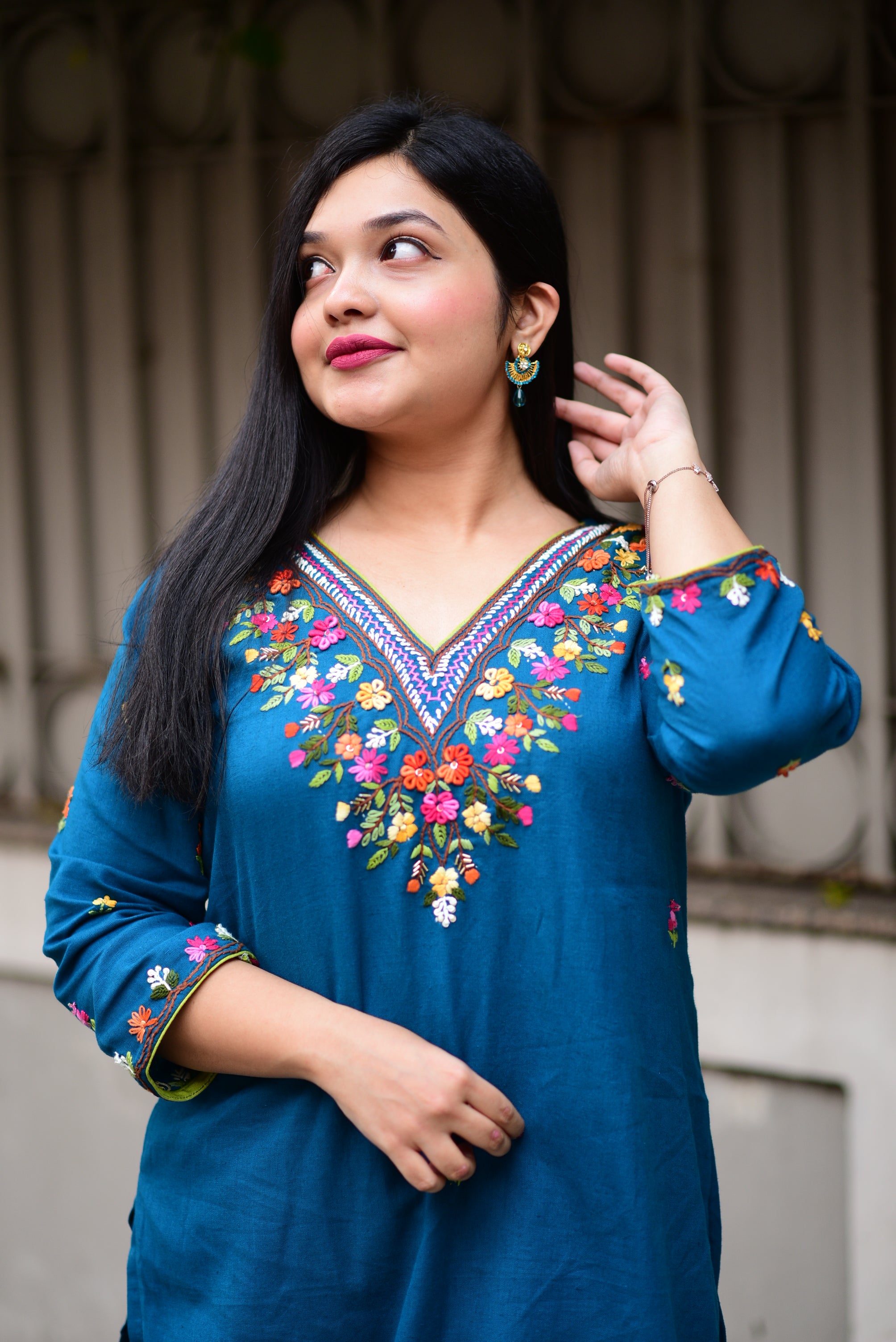Turquoise Blue Color Hand Embroidery Cotton Kurta