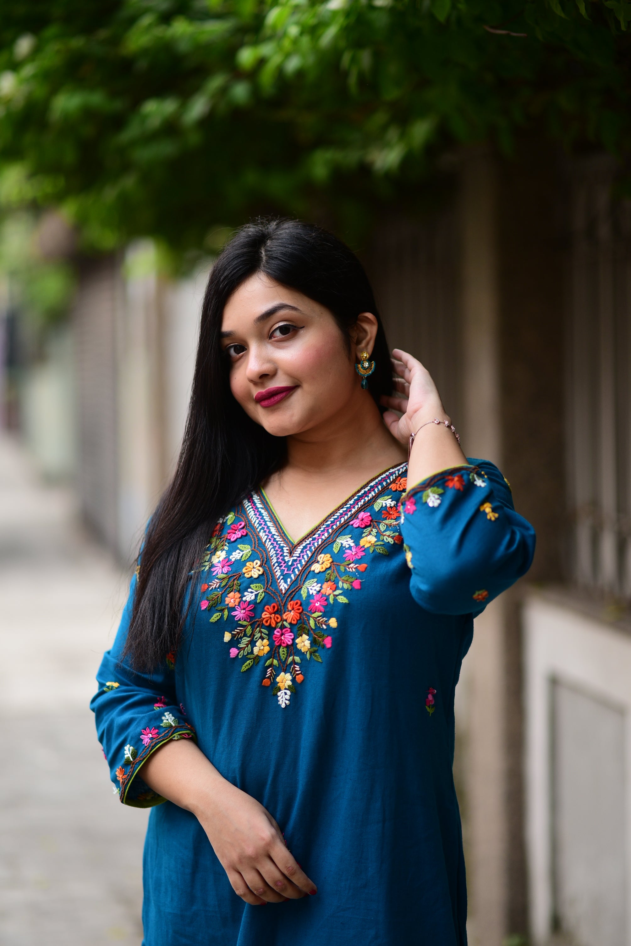 Turquoise Blue Color Hand Embroidery Cotton Kurta