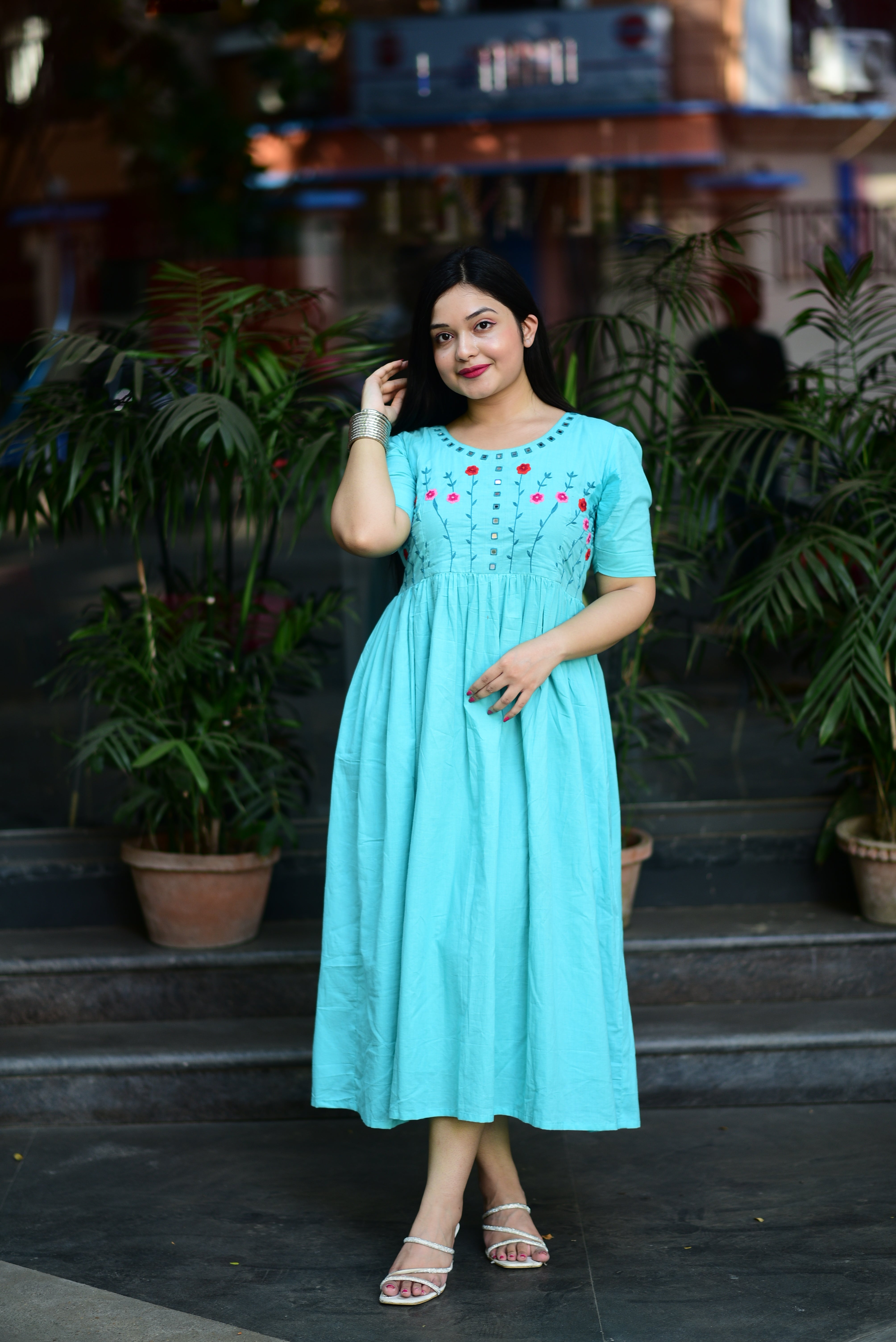 Hand Embroidered Cotton Midi Dress