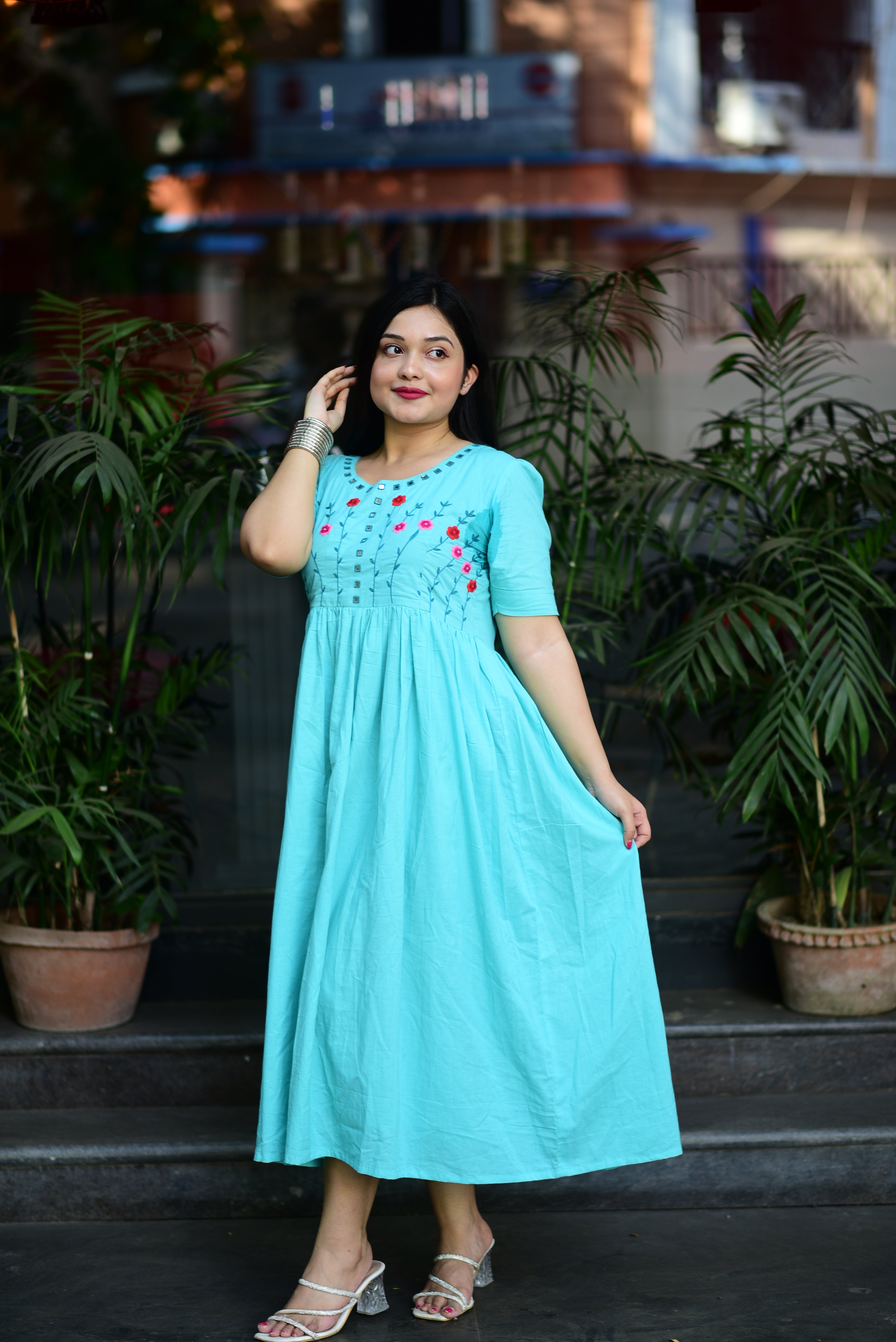 Hand Embroidered Cotton Midi Dress