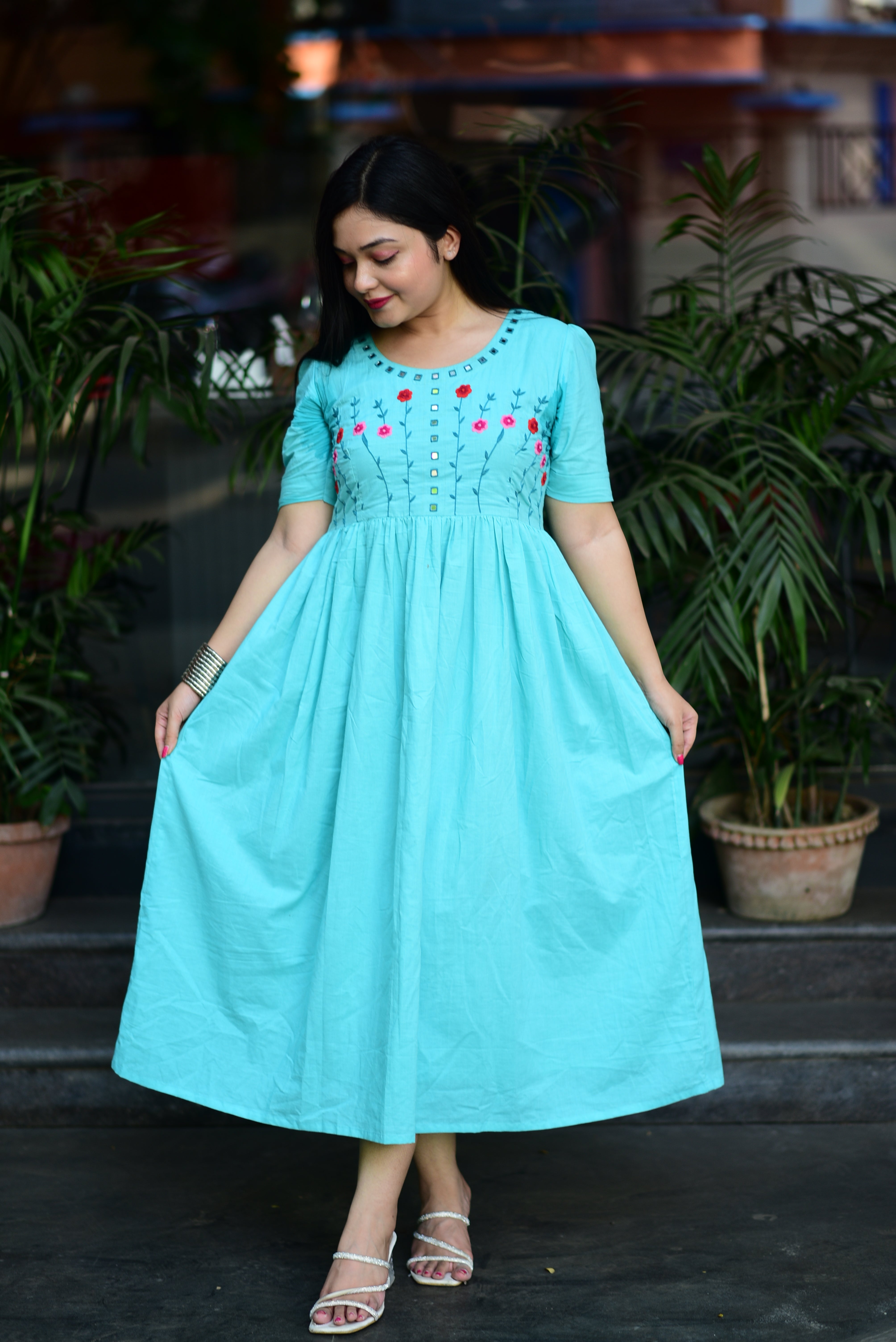 Hand Embroidered Cotton Midi Dress