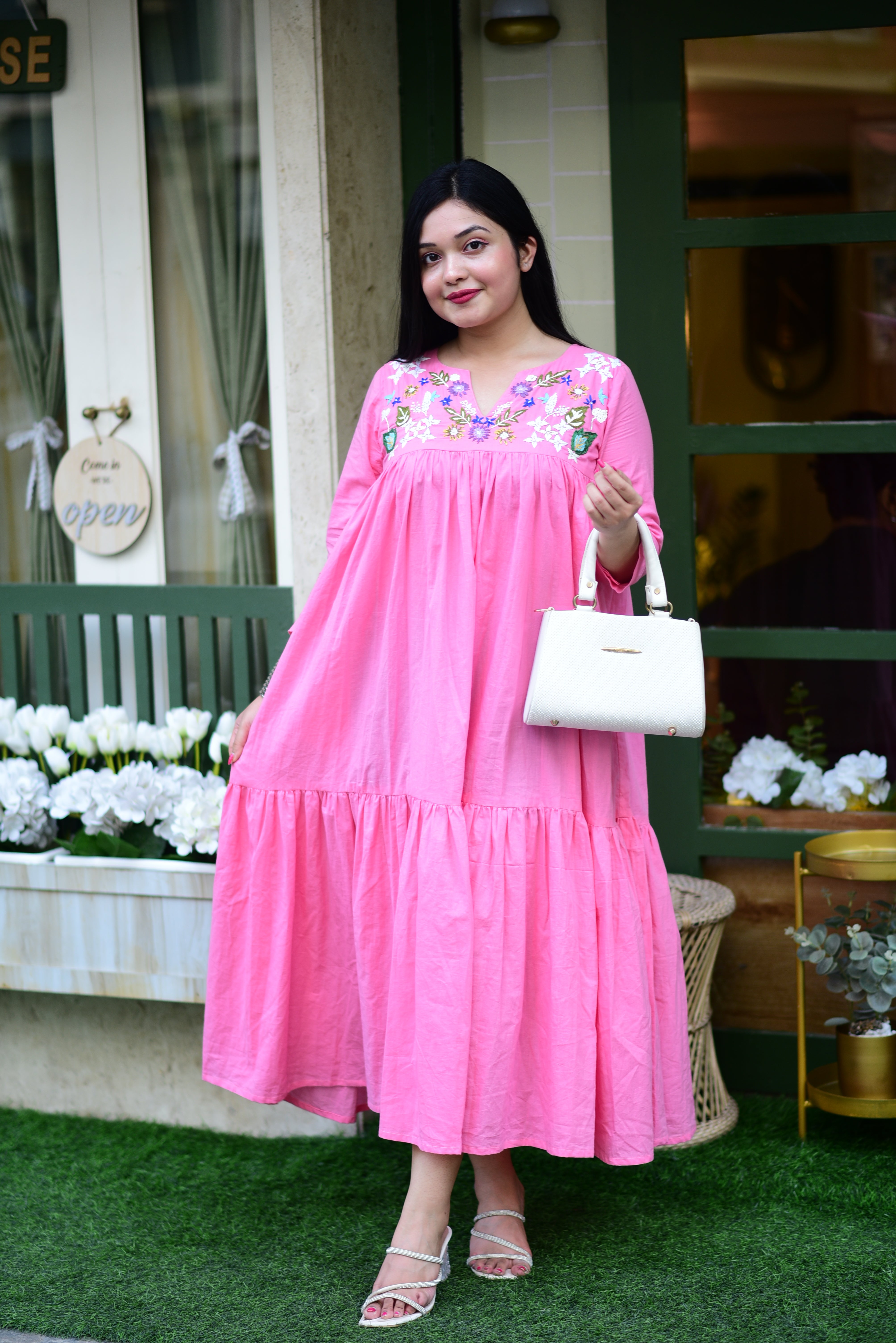 Hand Embroidered Pure Cotton Midi Dress