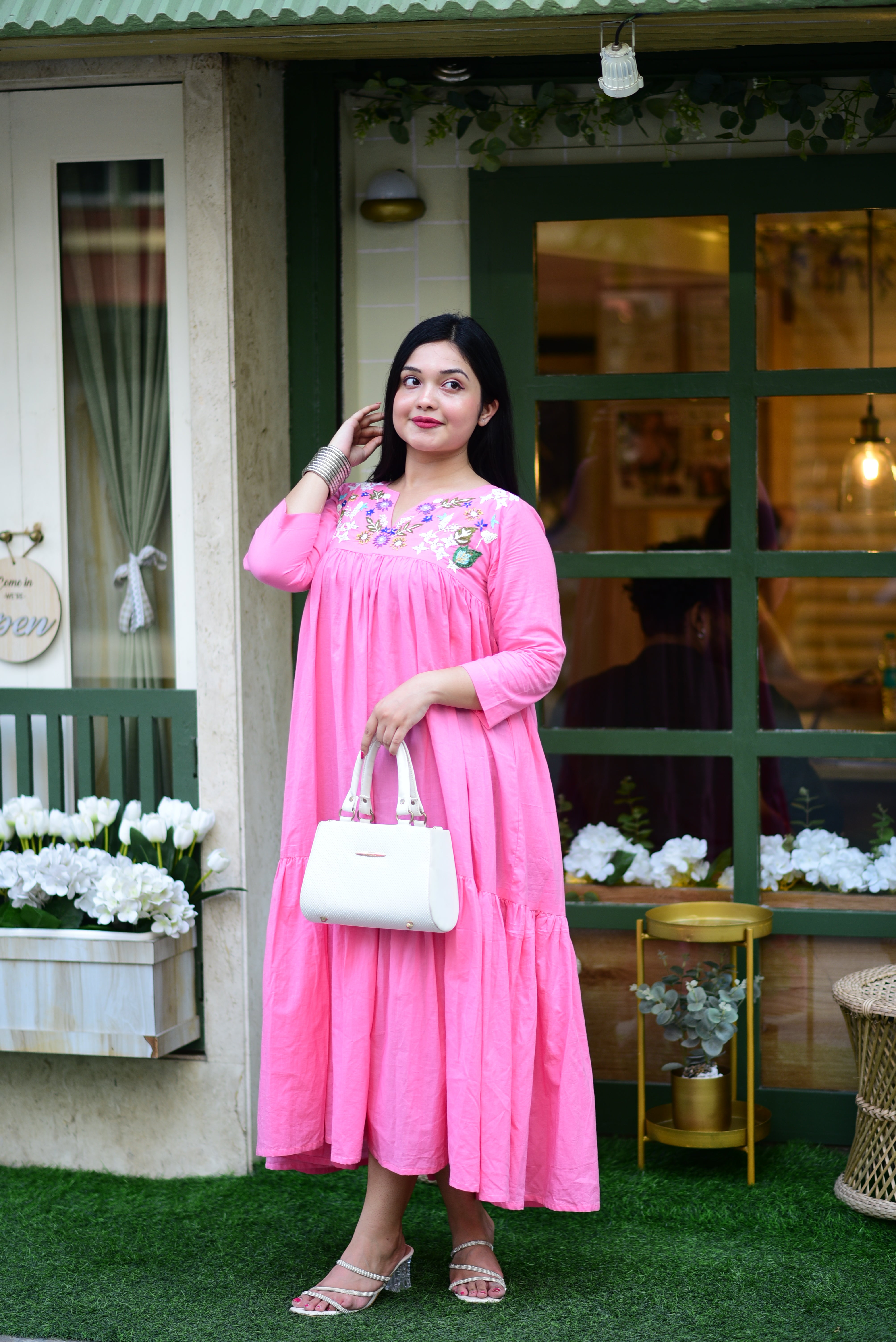 Hand Embroidered Pure Cotton Midi Dress