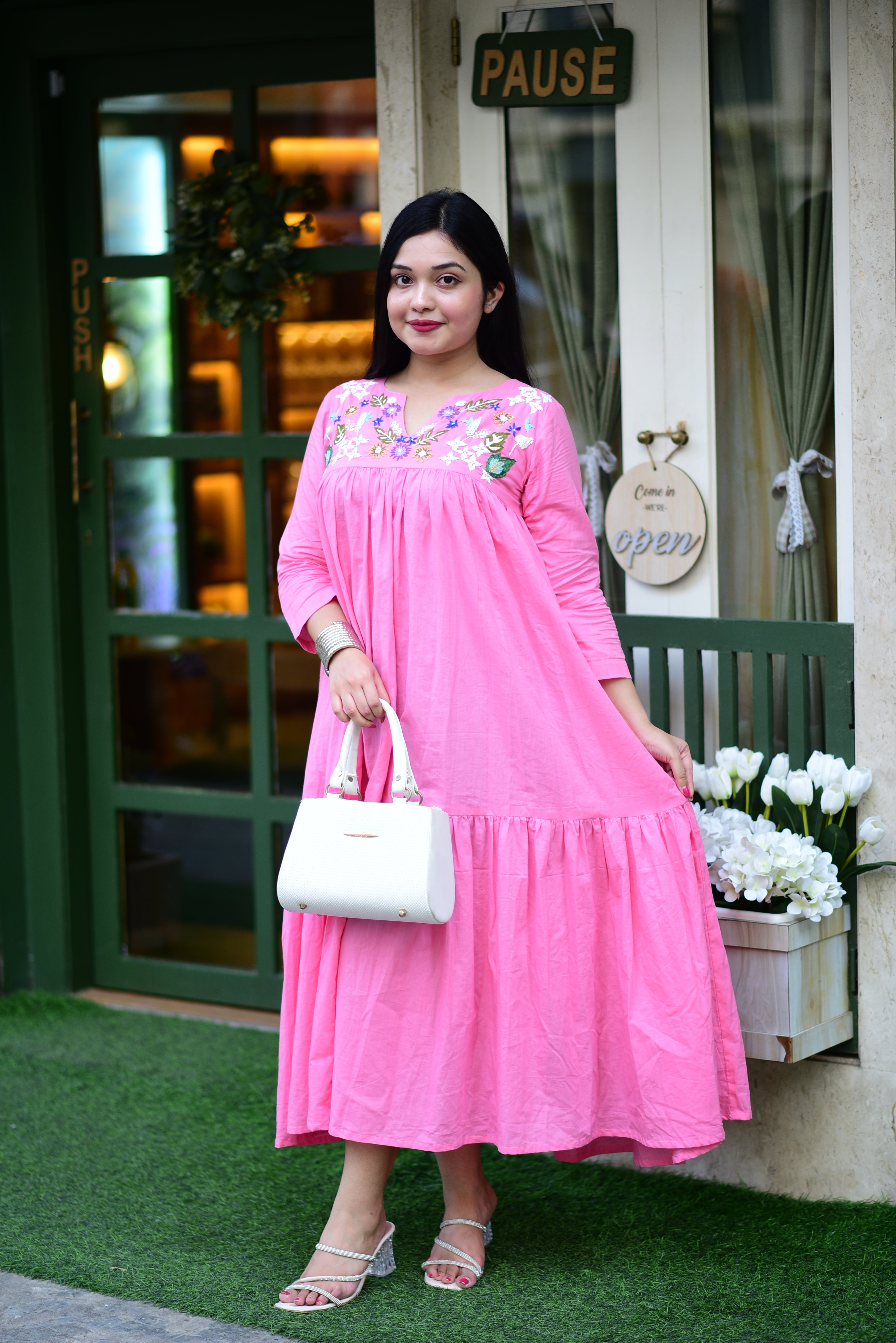 Hand Embroidered Pure Cotton Midi Dress