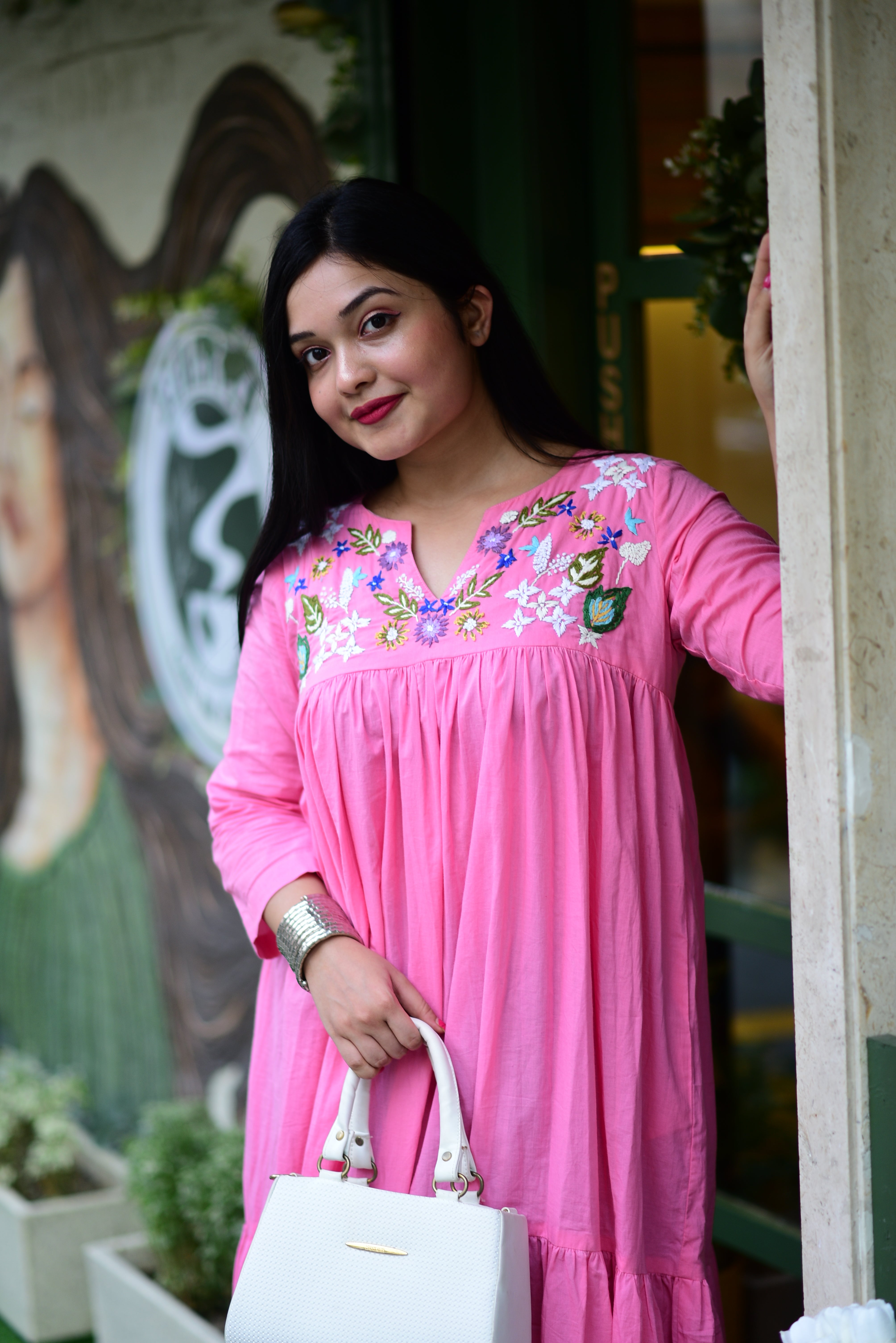 Hand Embroidered Pure Cotton Midi Dress