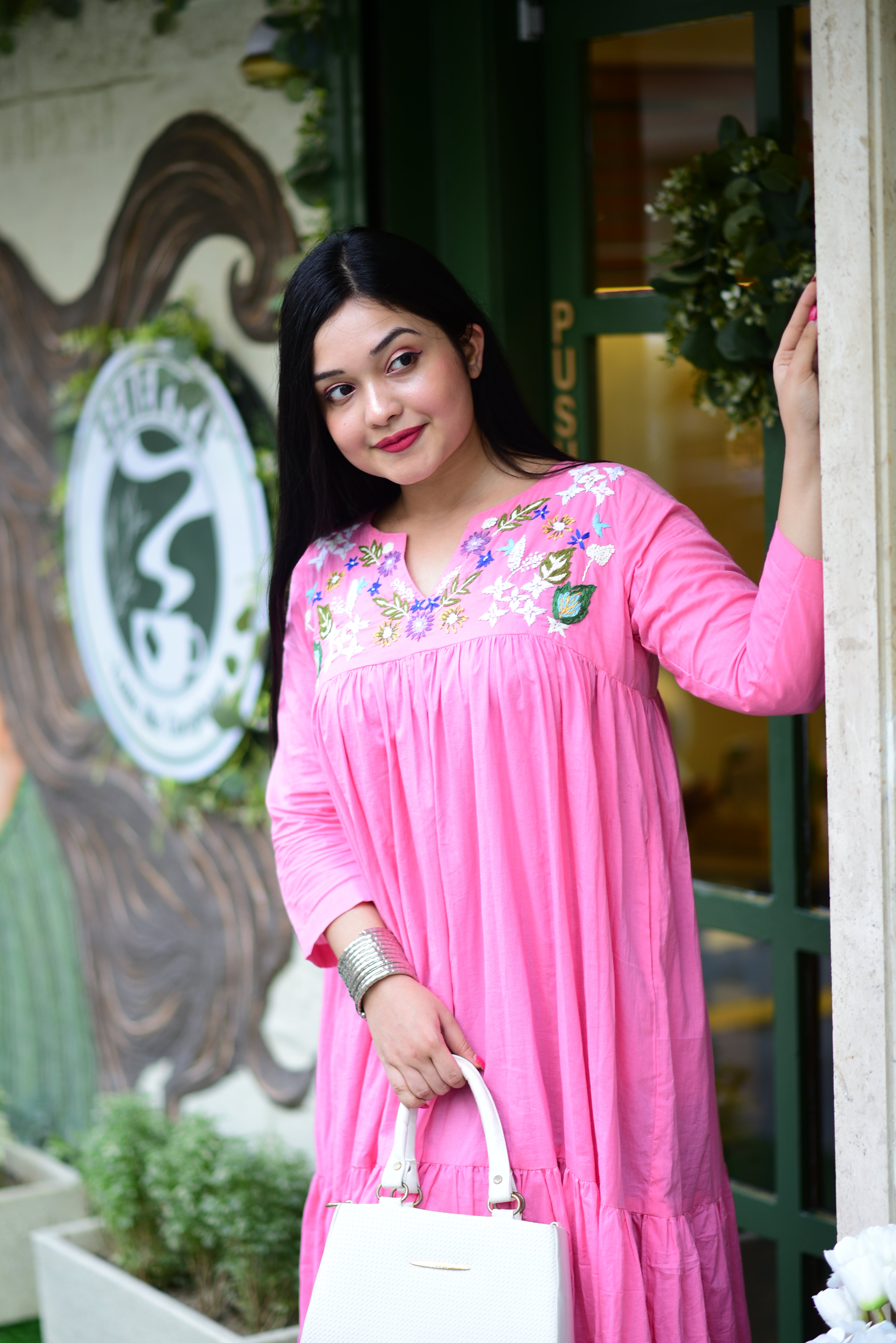 Hand Embroidered Pure Cotton Midi Dress