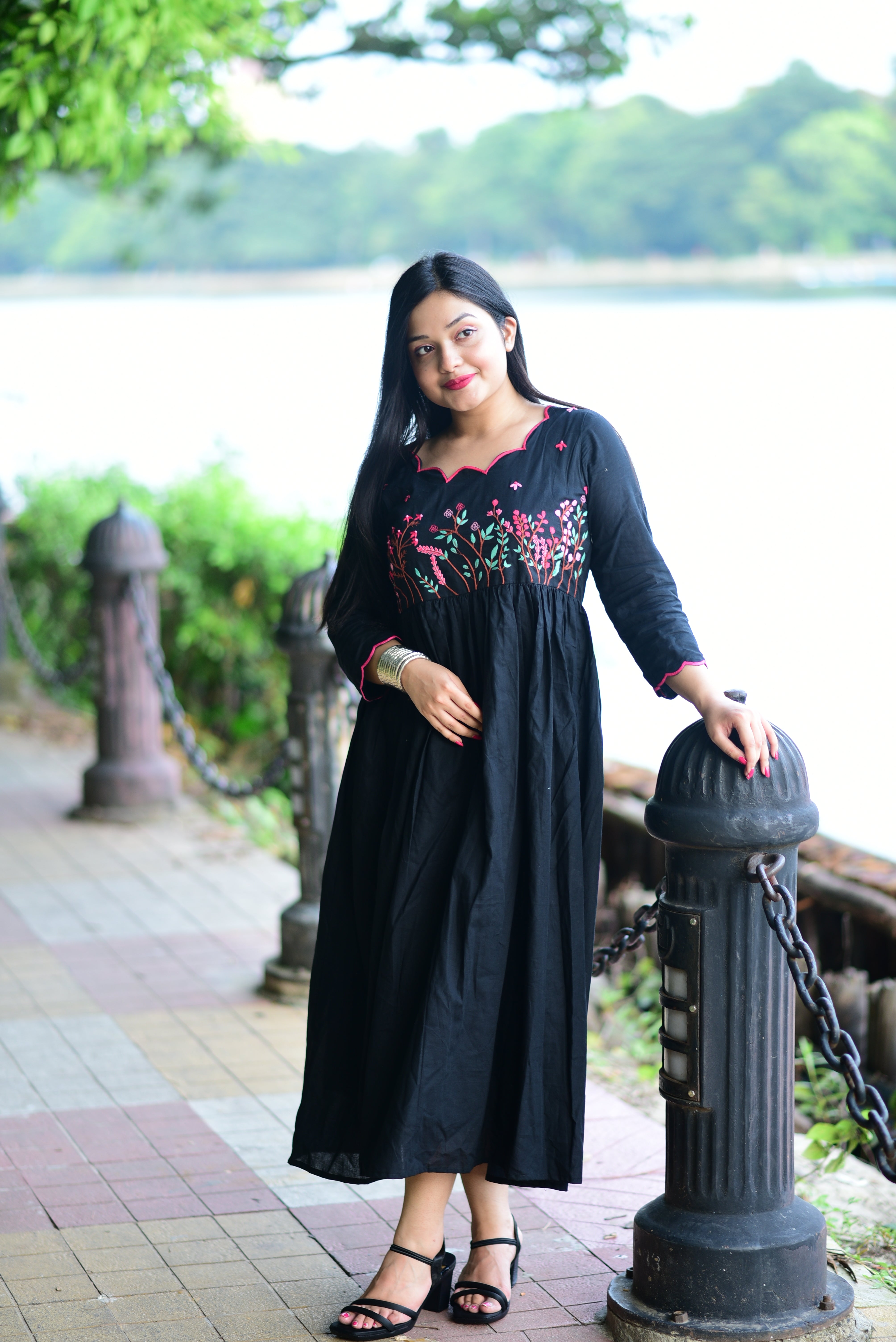Black Hand Embroidered Cotton Midi Dress
