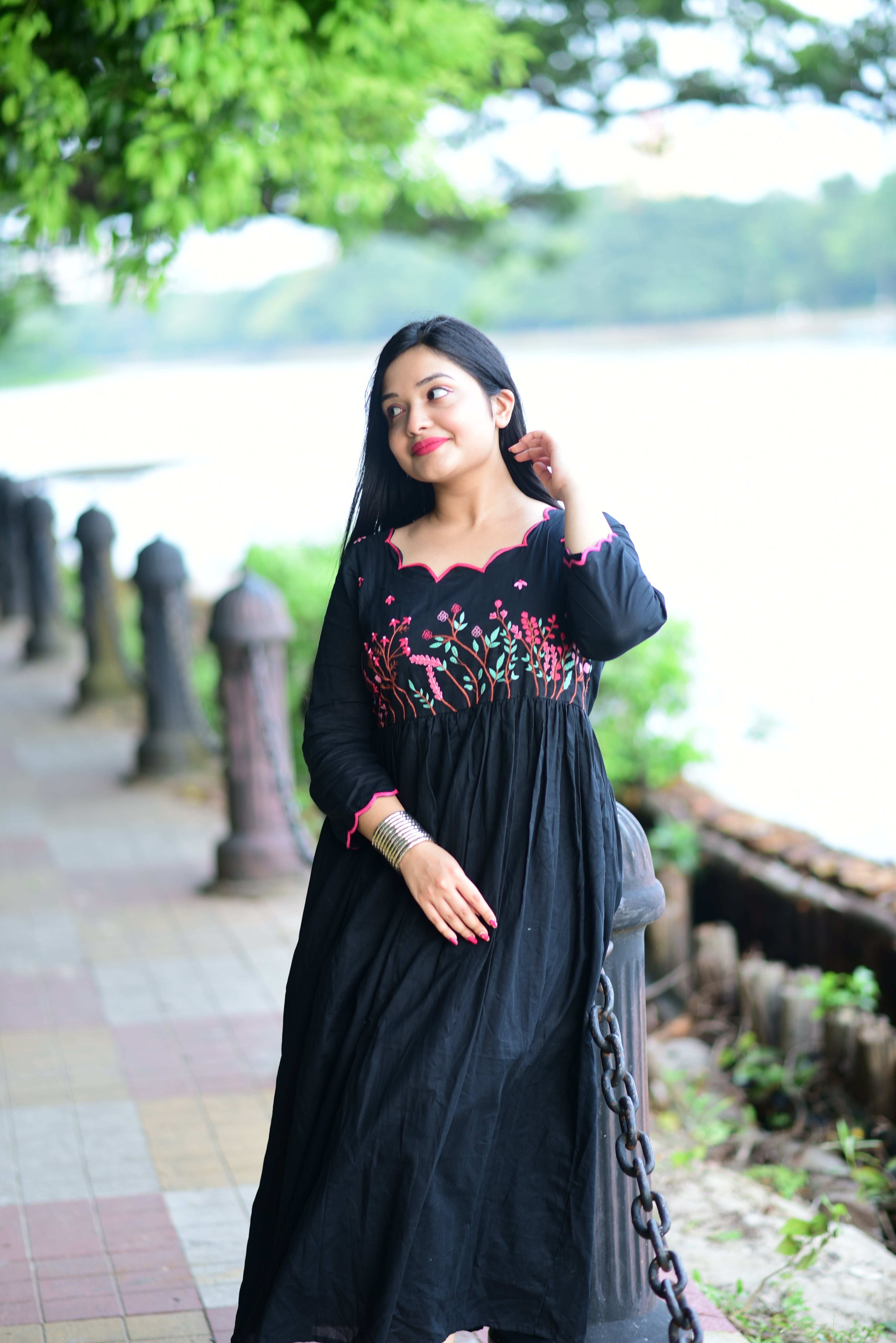 Black Hand Embroidered Cotton Midi Dress