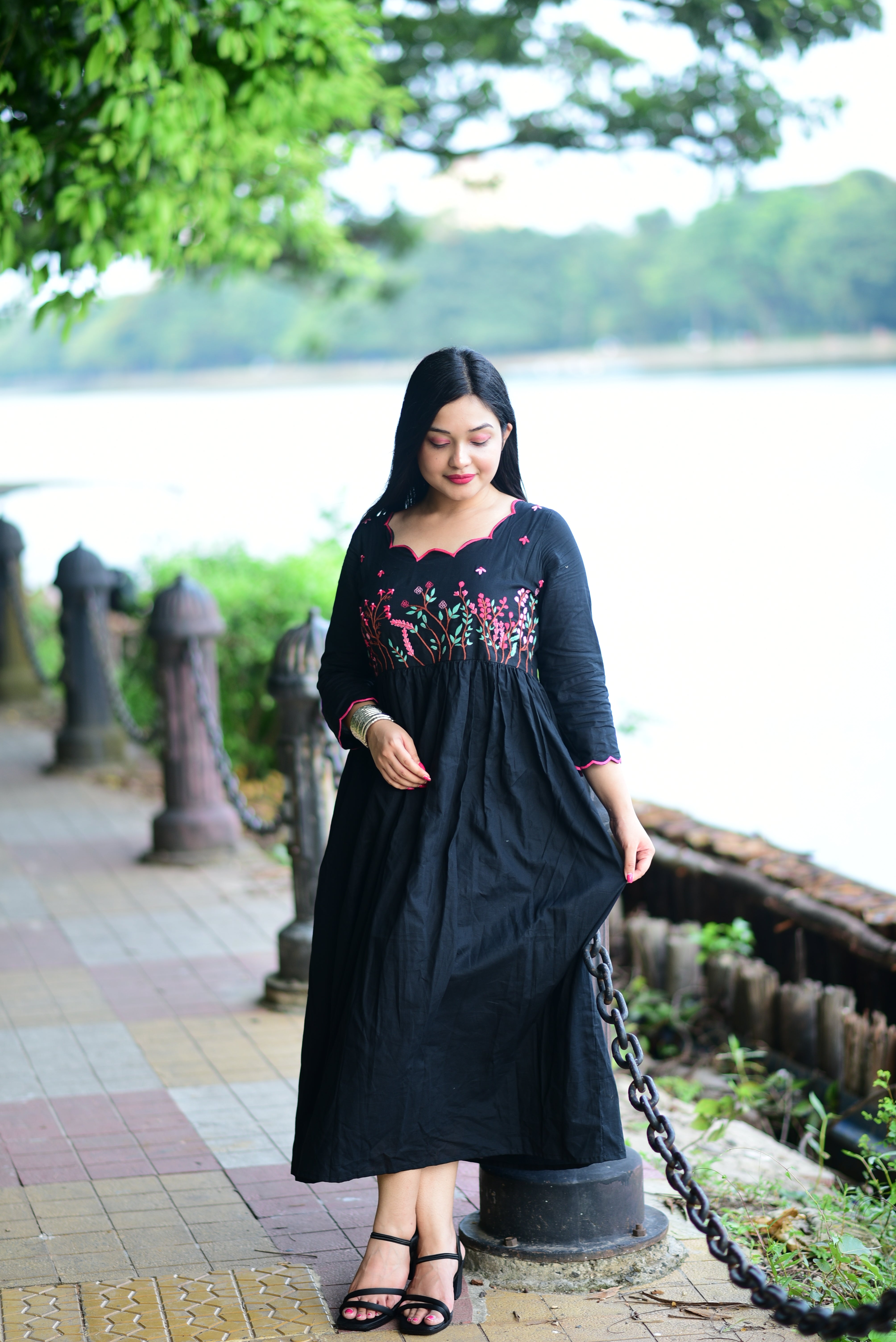 Black Hand Embroidered Cotton Midi Dress