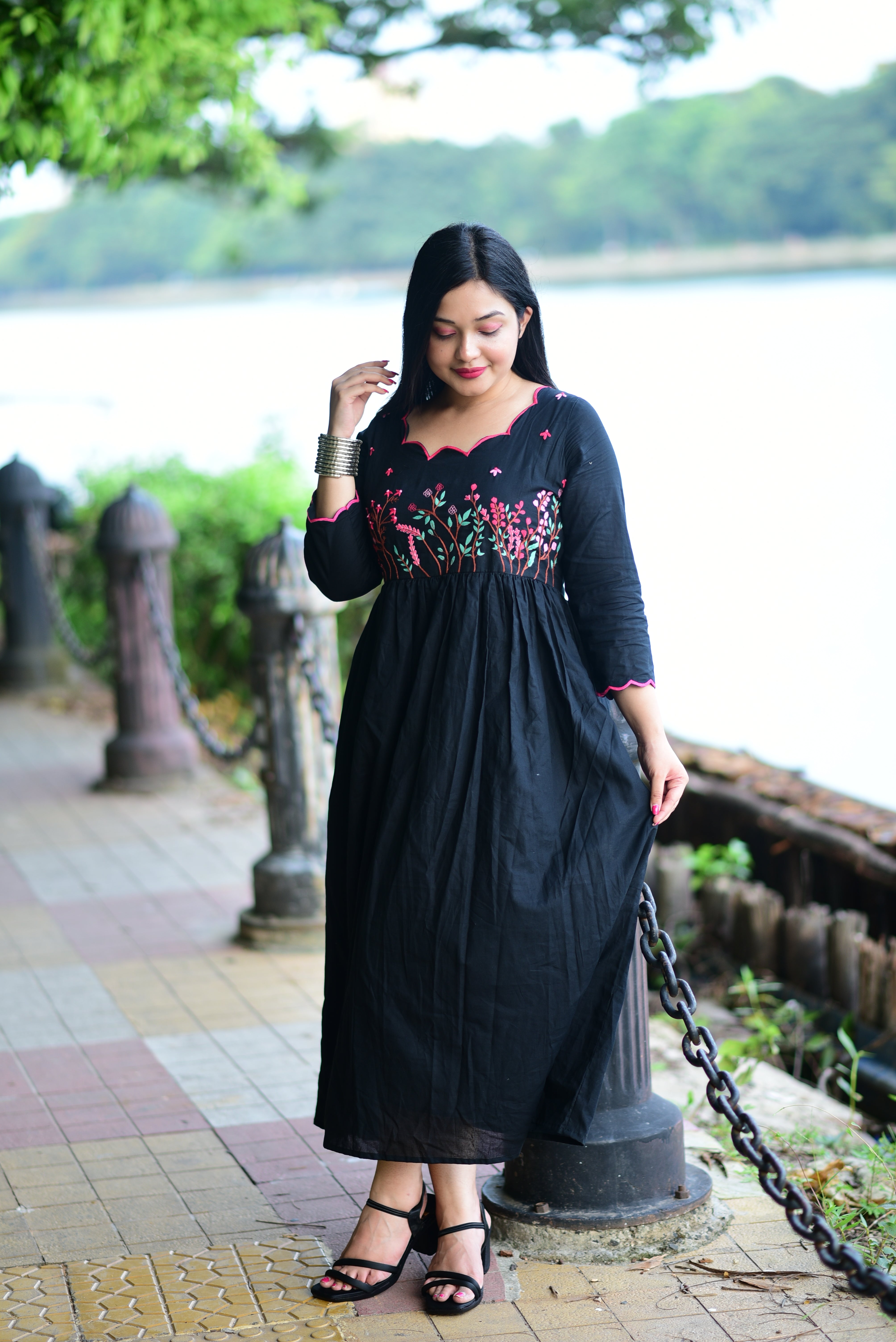 Black Hand Embroidered Cotton Midi Dress