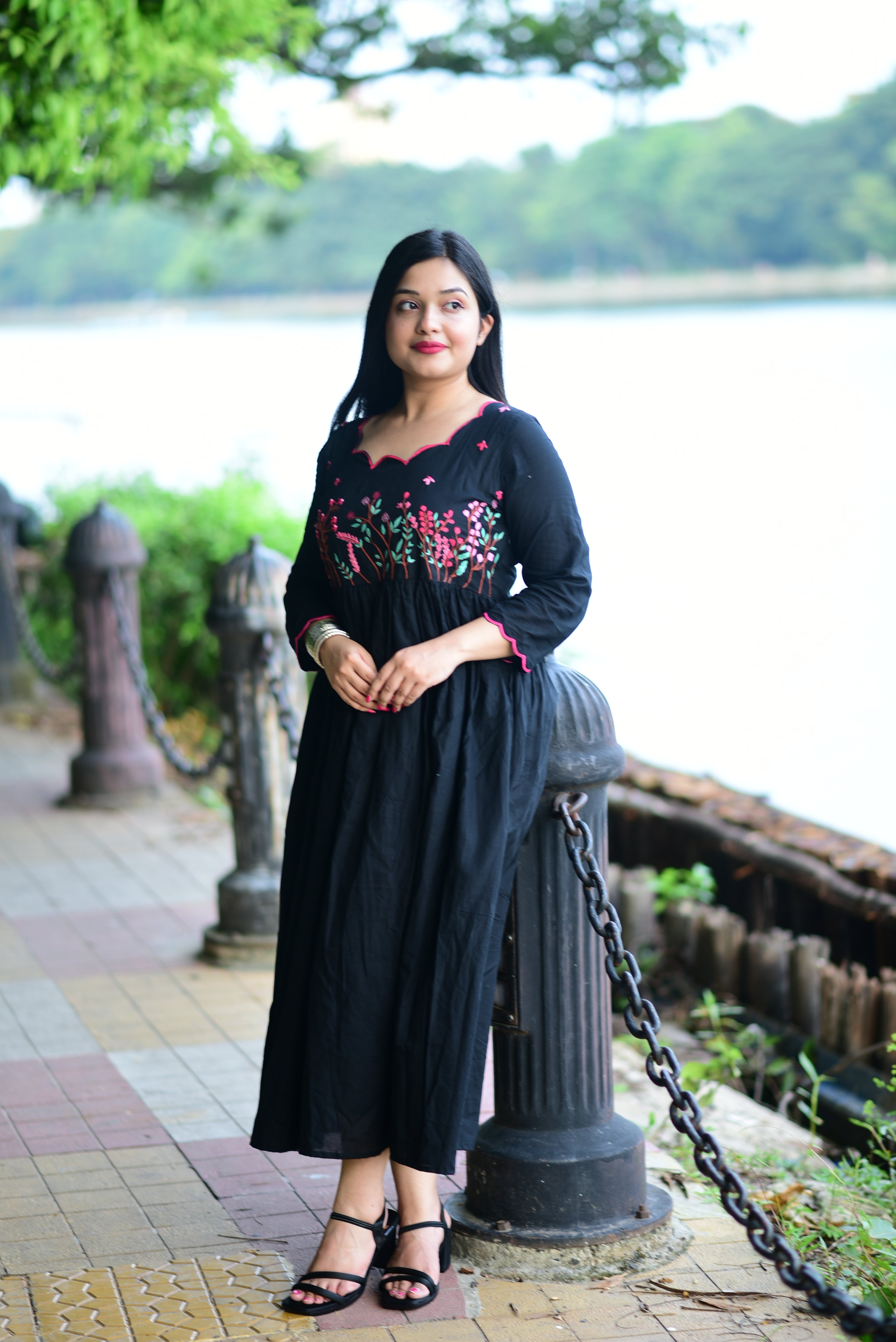 Black Hand Embroidered Cotton Midi Dress
