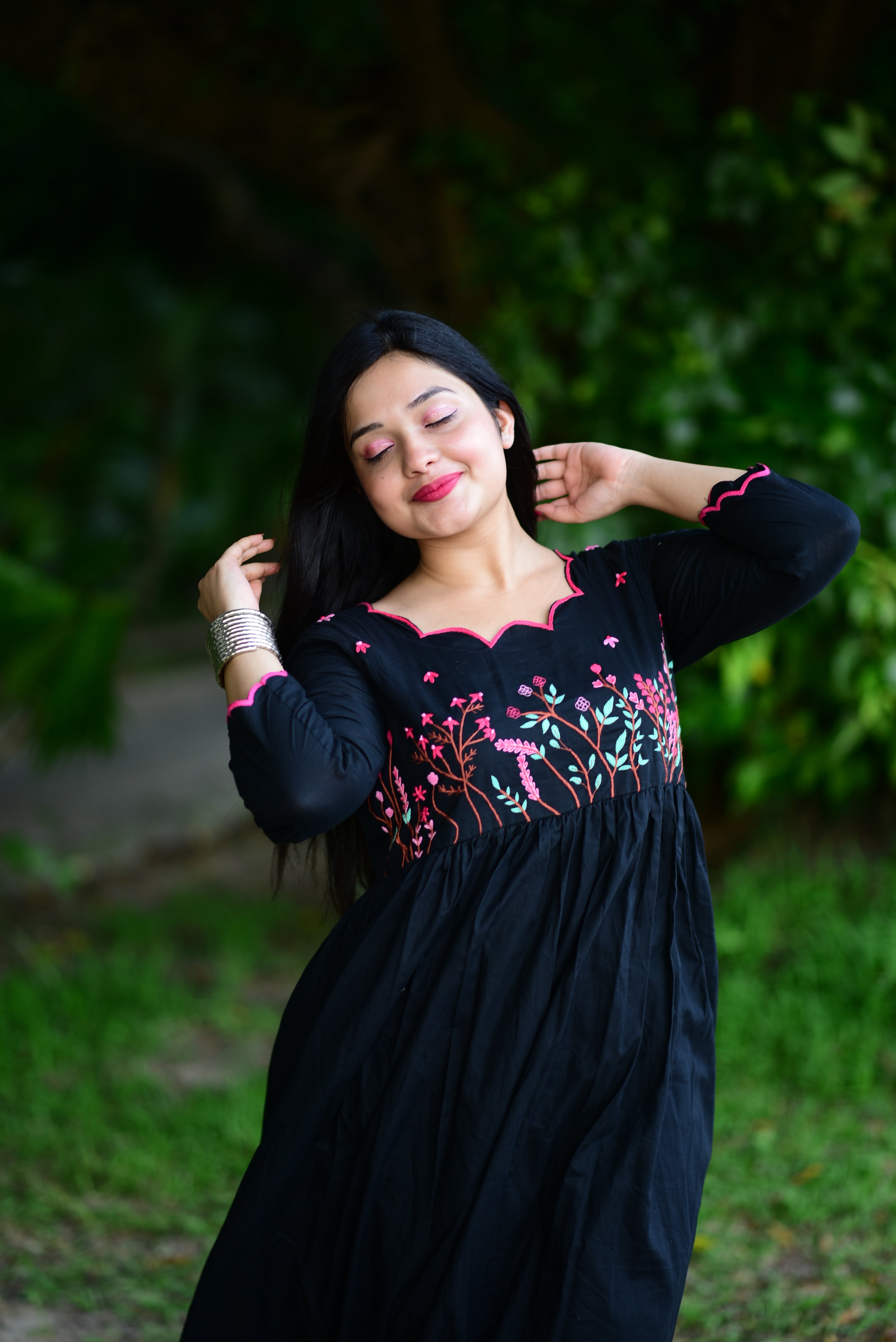 Black Hand Embroidered Cotton Midi Dress