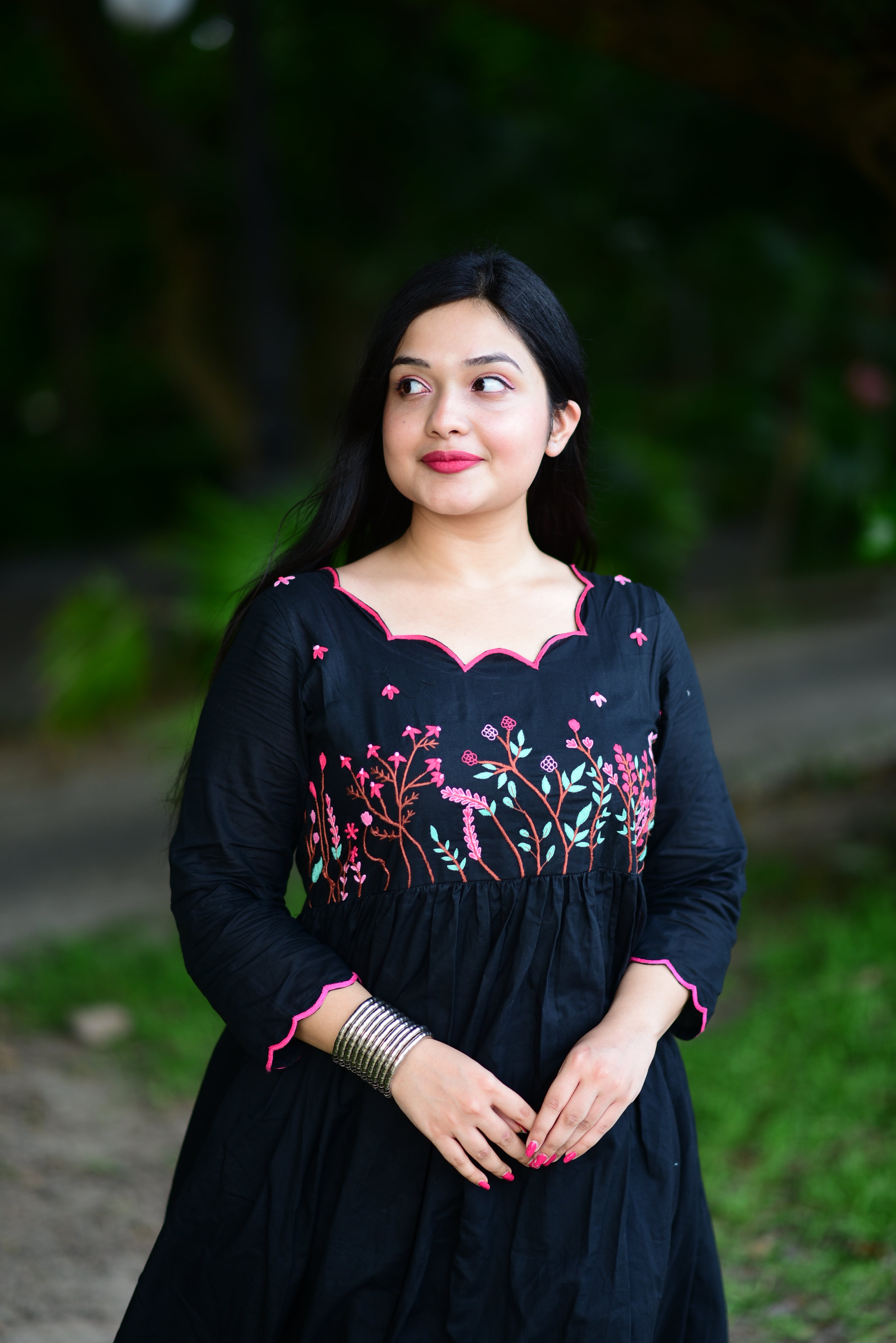 Black Hand Embroidered Cotton Midi Dress