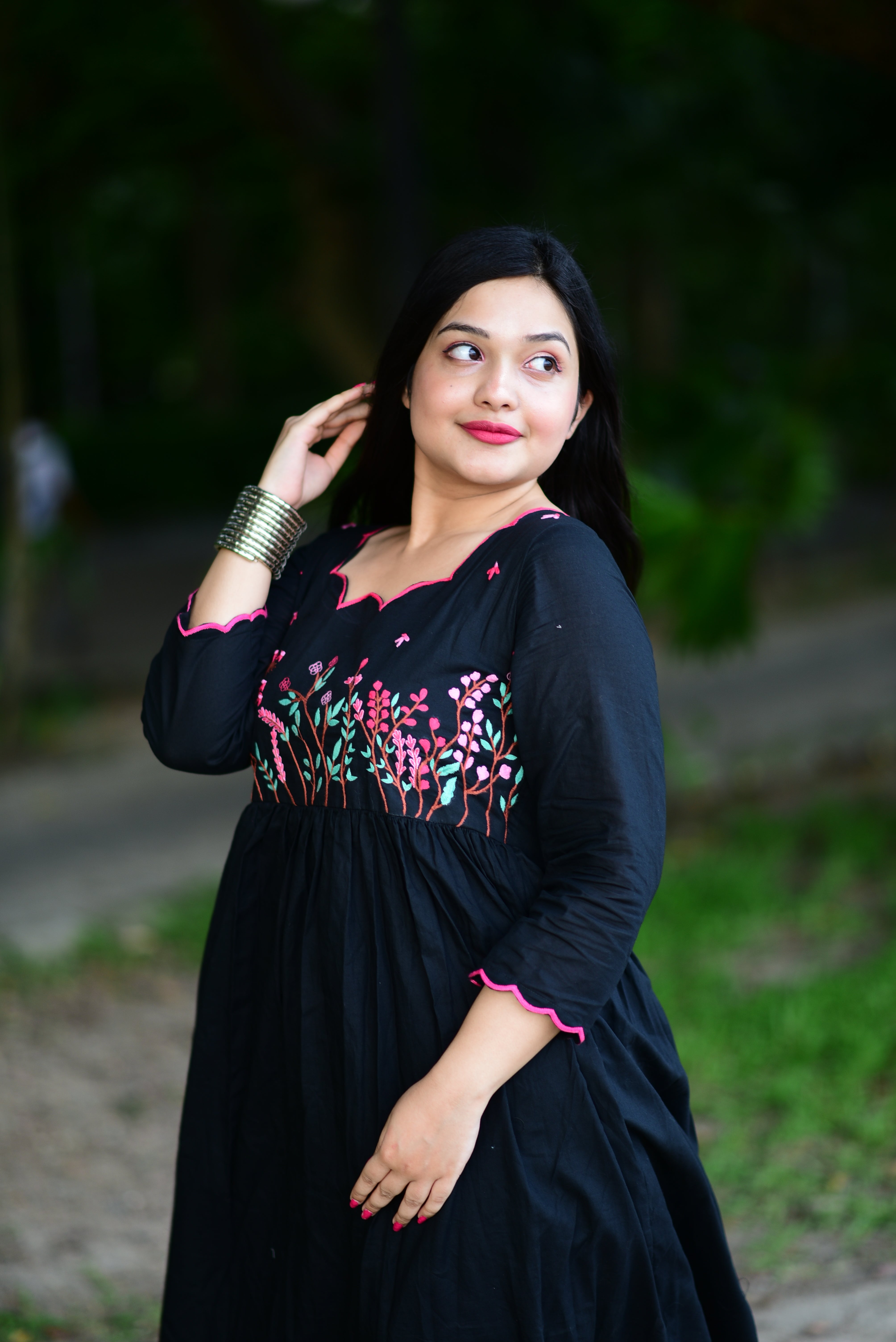 Black Hand Embroidered Cotton Midi Dress