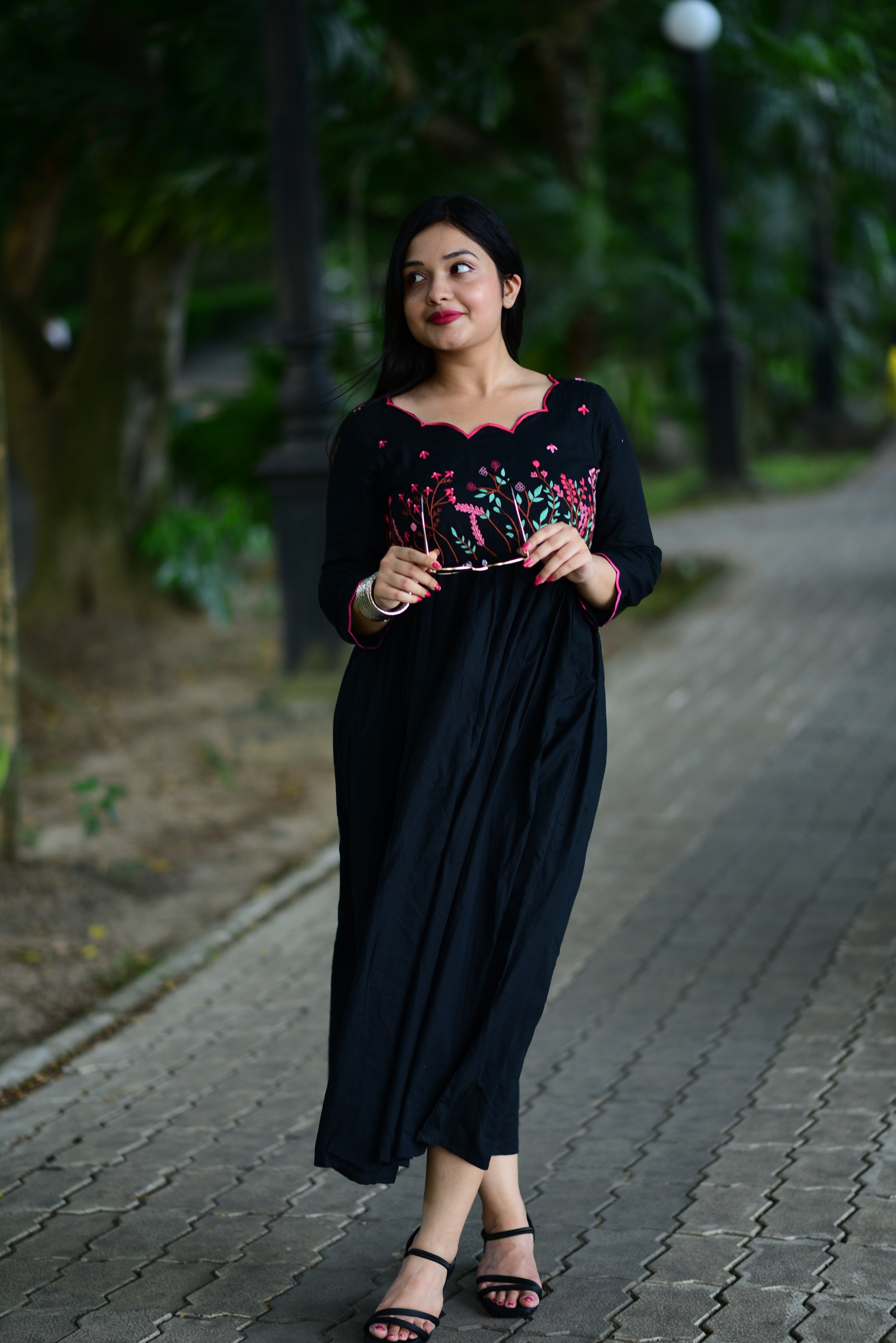 Black Hand Embroidered Cotton Midi Dress