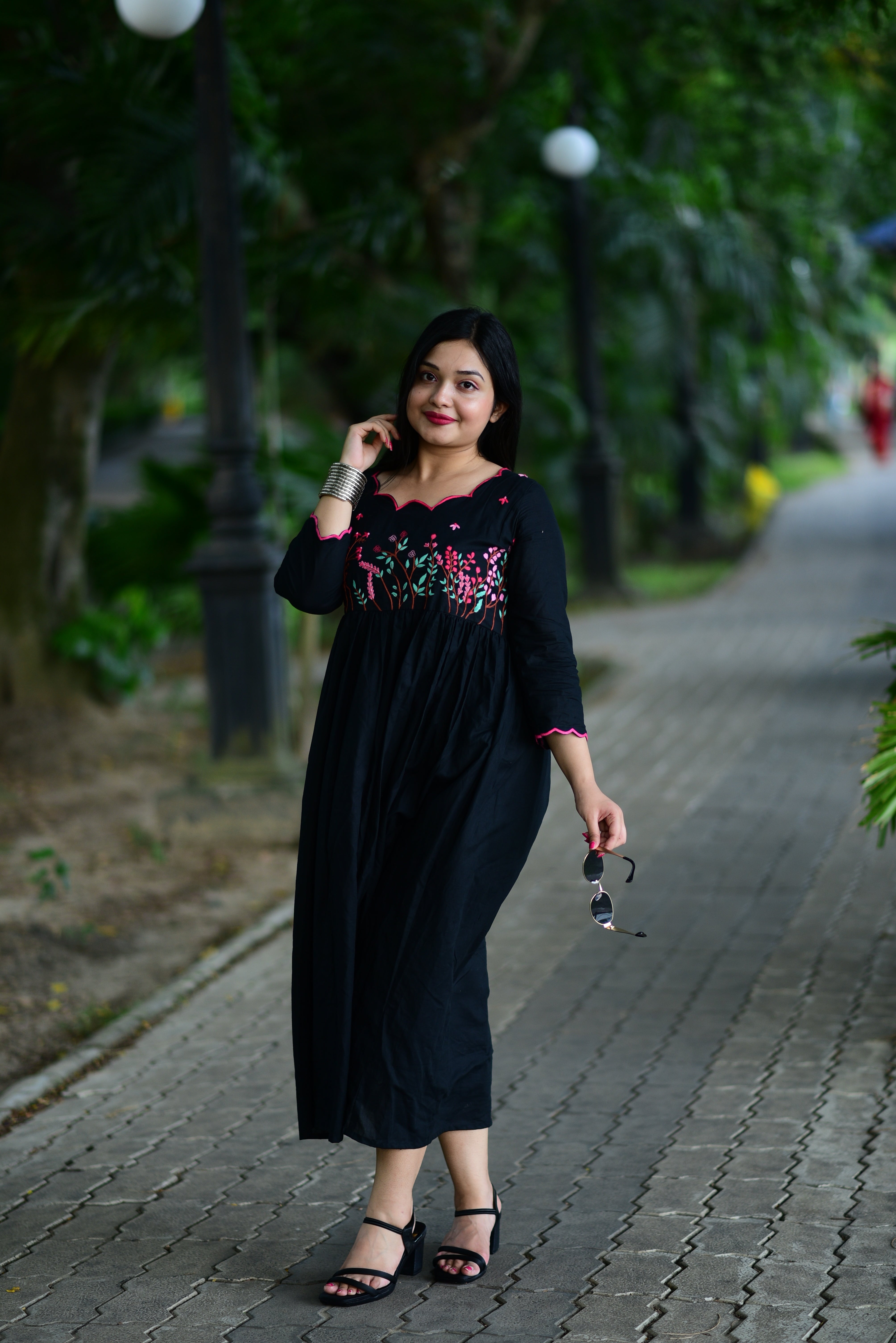 Black Hand Embroidered Cotton Midi Dress