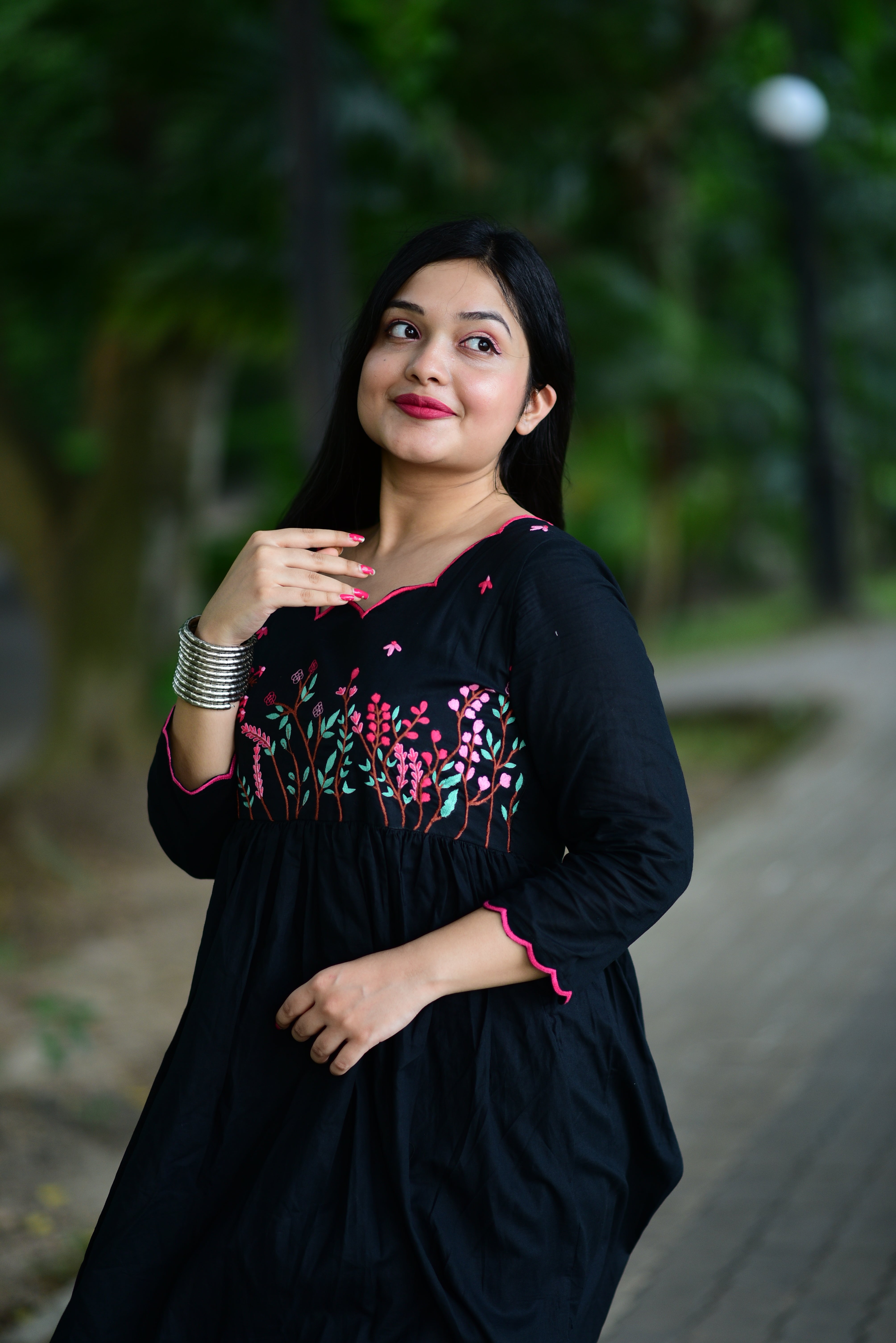 Black Hand Embroidered Cotton Midi Dress