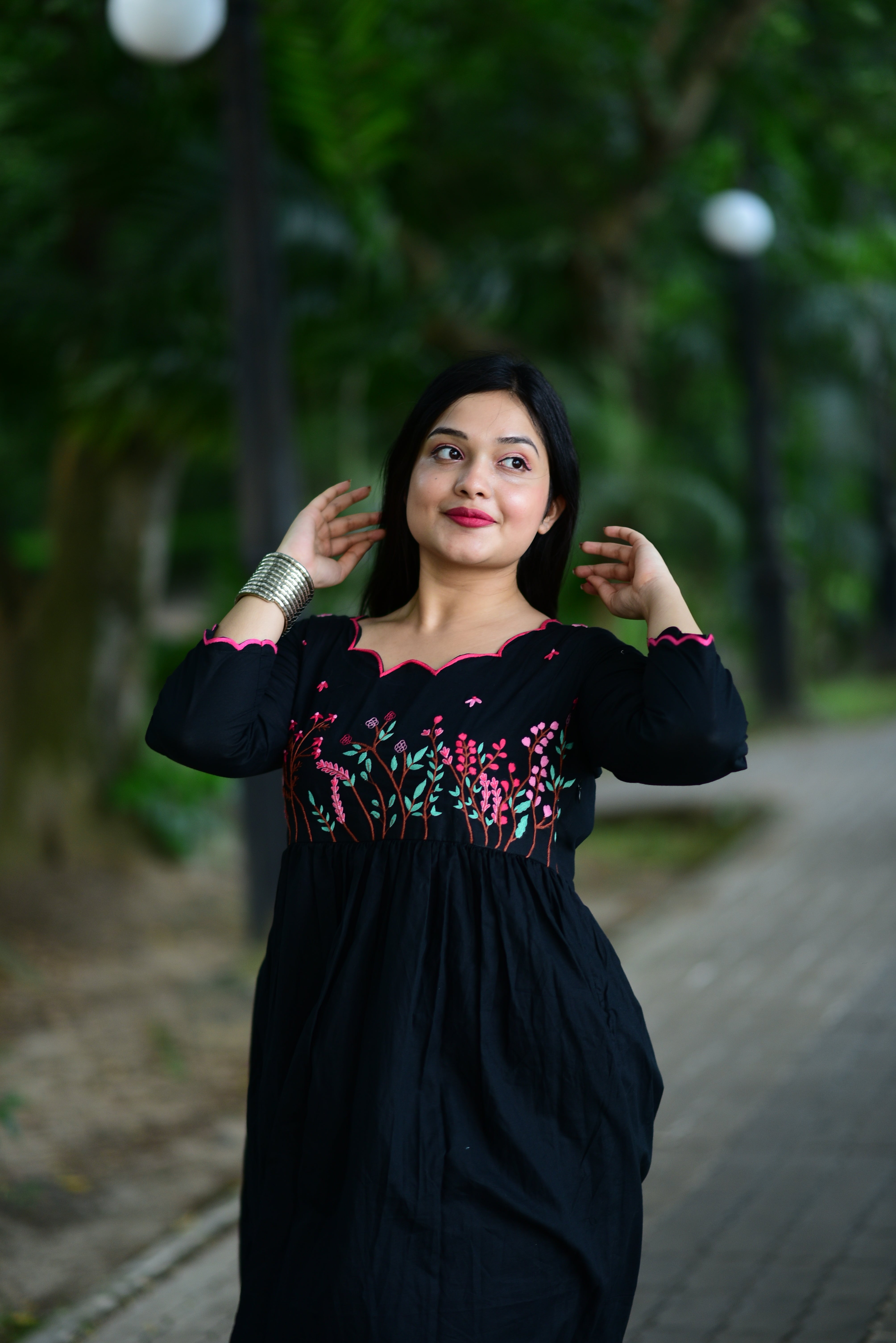 Black Hand Embroidered Cotton Midi Dress