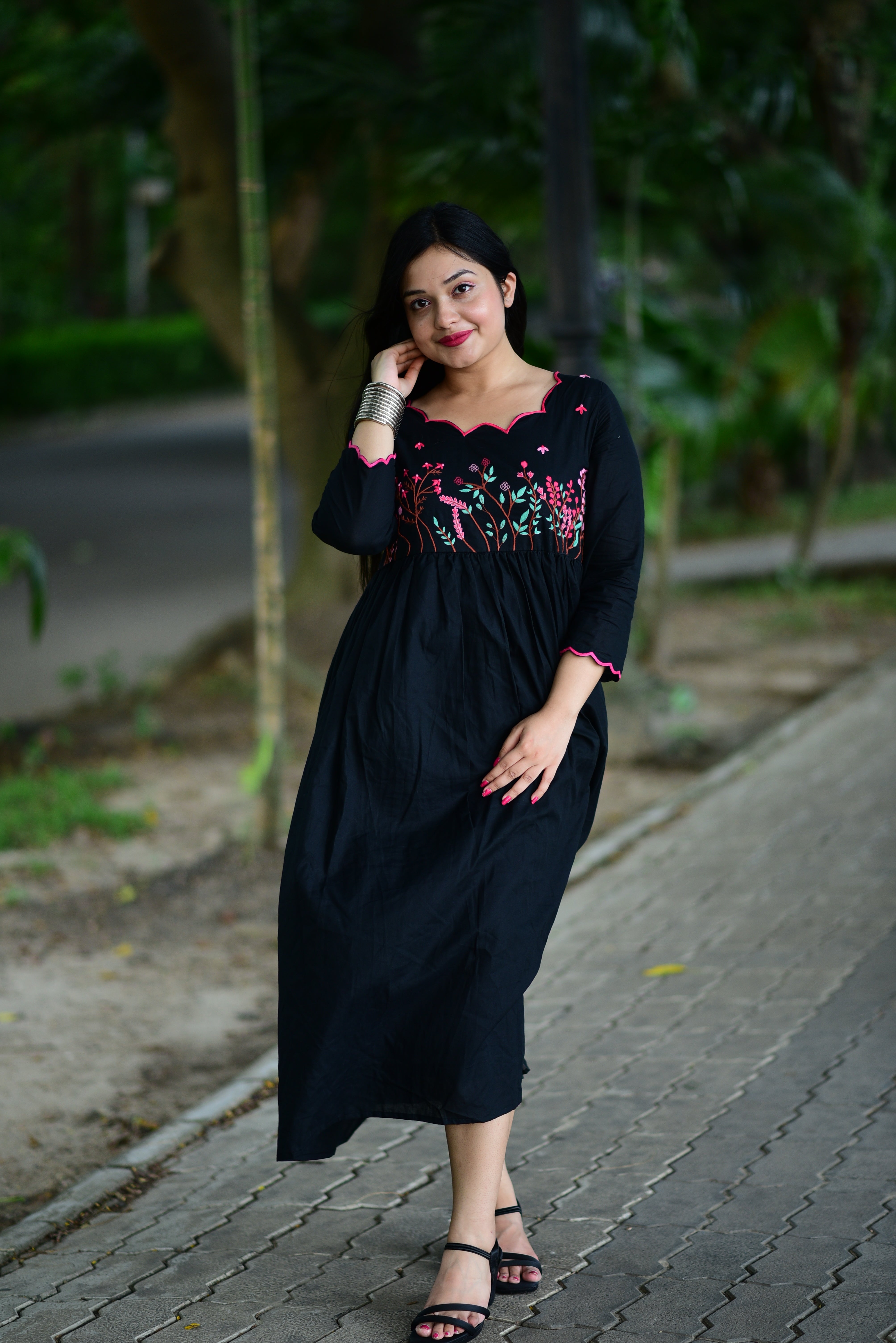 Black Hand Embroidered Cotton Midi Dress