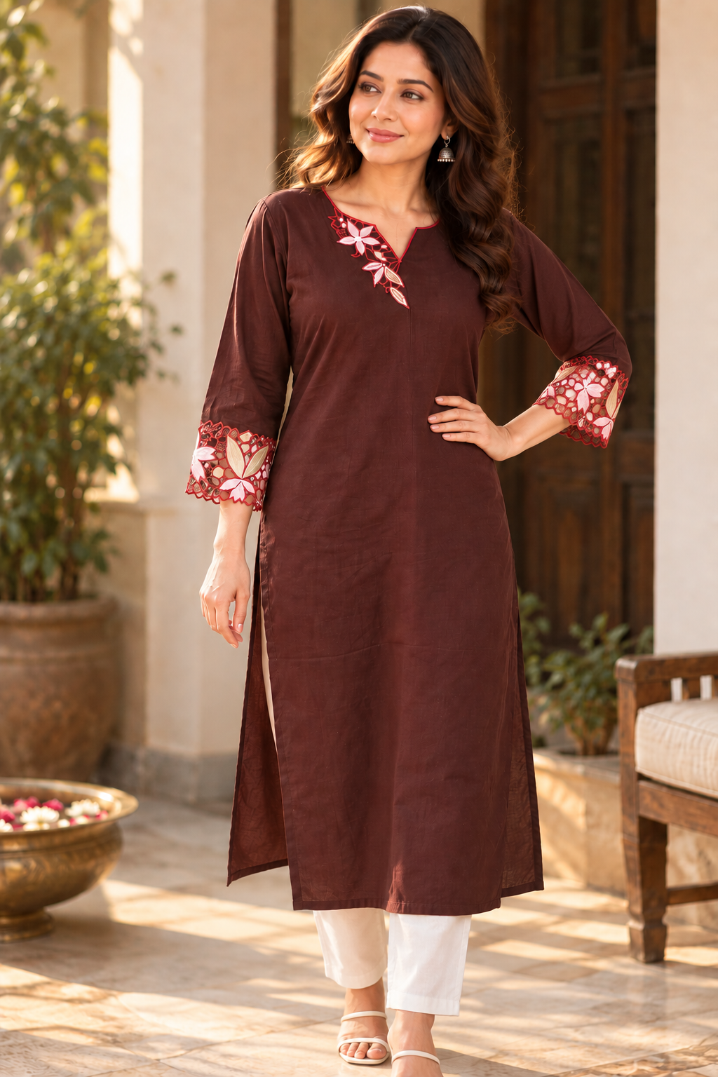 Chocolate Floral Embroidered With Cut Work Cotton Long Kurta