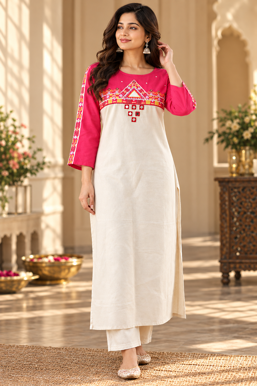 Ivory-Pink Cotton Embroidered Long Kurta