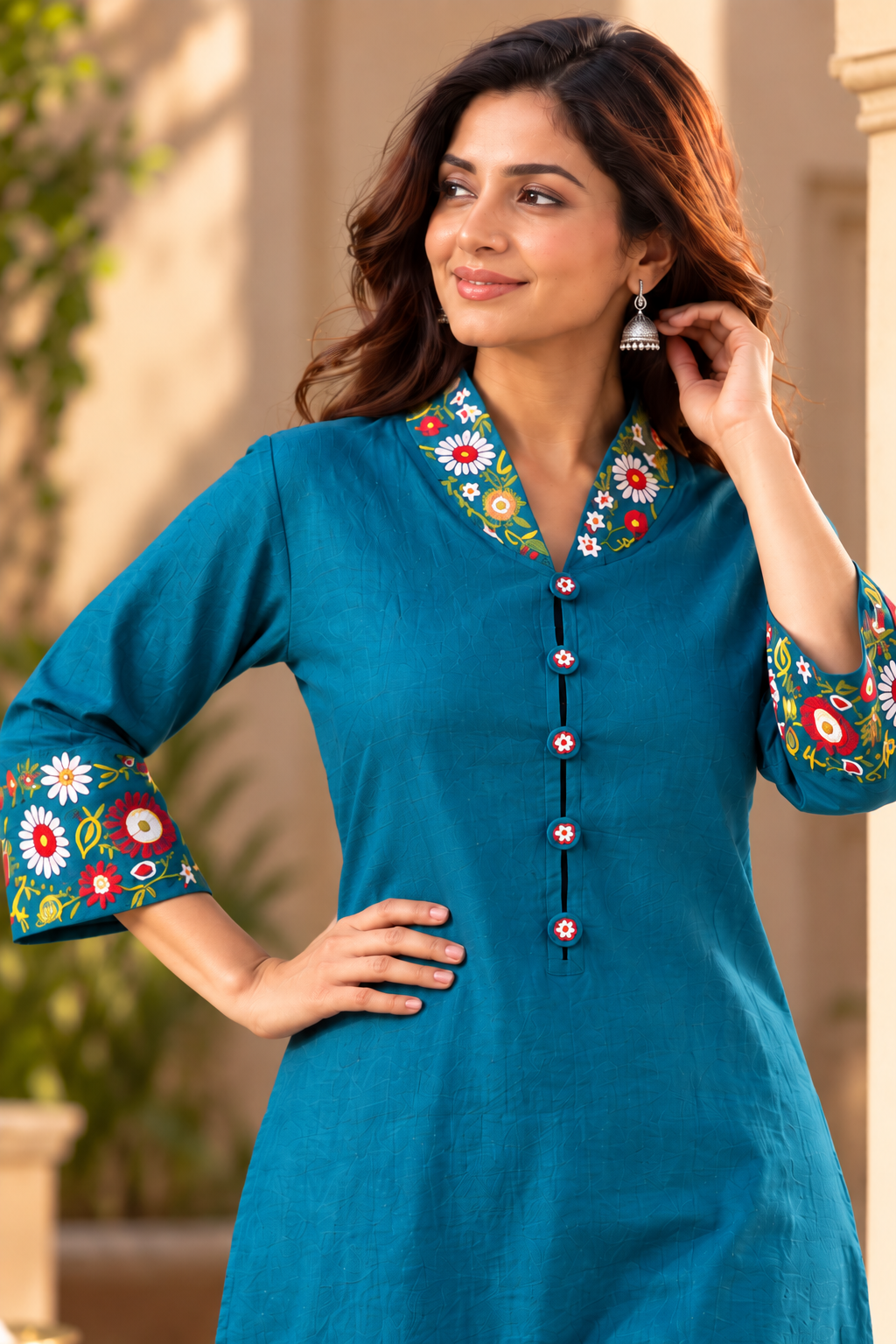 Turquoise Embroidered Cotton Long Kurta