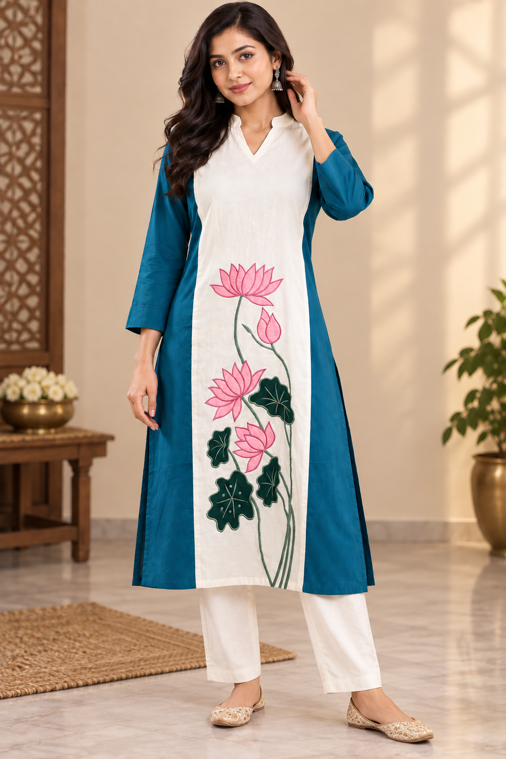 Turquoise-Off White Cotton Embroidered long Kurta