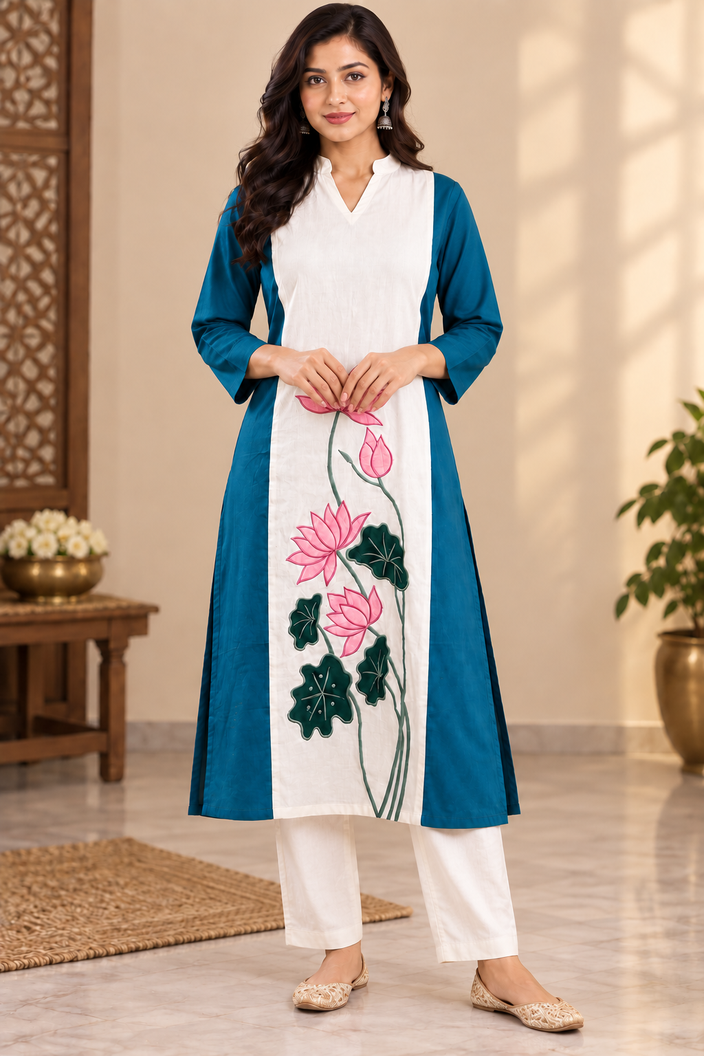Turquoise-Off White Cotton Embroidered long Kurta