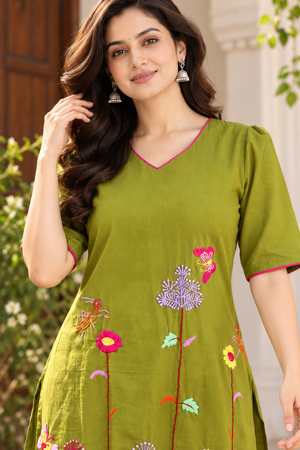 Olive Green Cotton Hand Embroidered Long Kurta